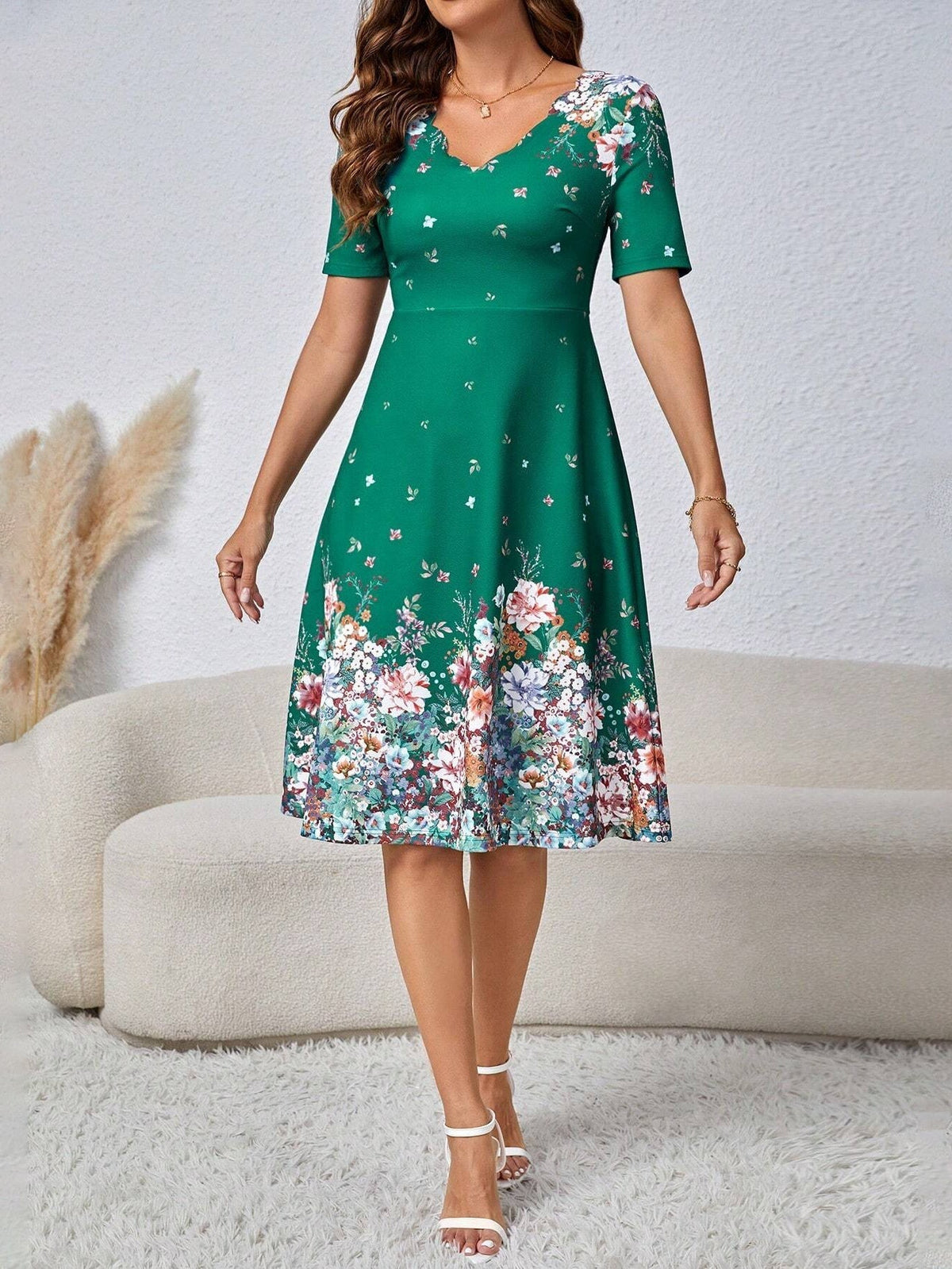 Floral Print V Neck Dress, Elegant Short Sleeve Flared Midi Dress