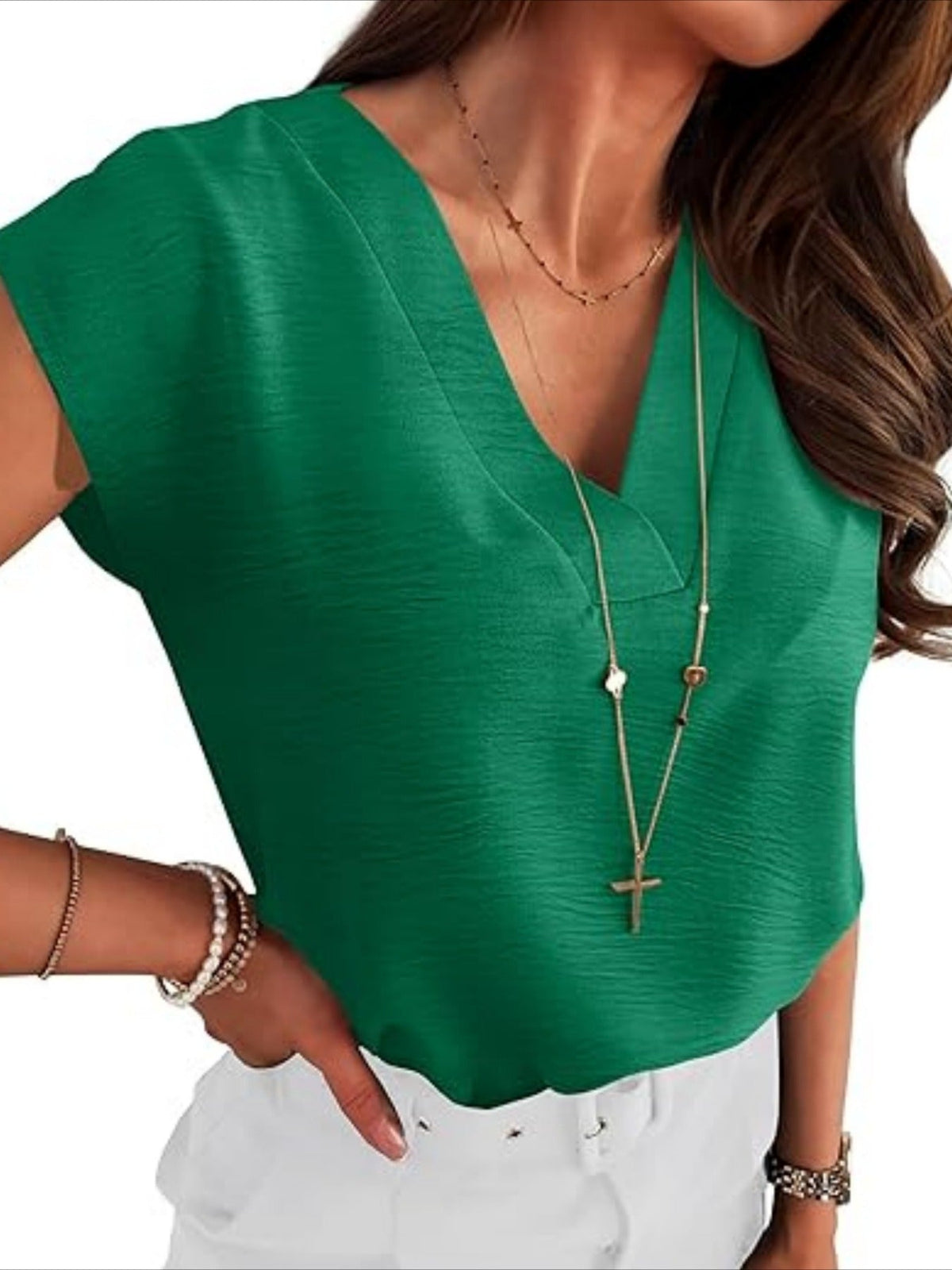 Plain V-Neck Batwing Short Sleeve Casual Loose Blouse