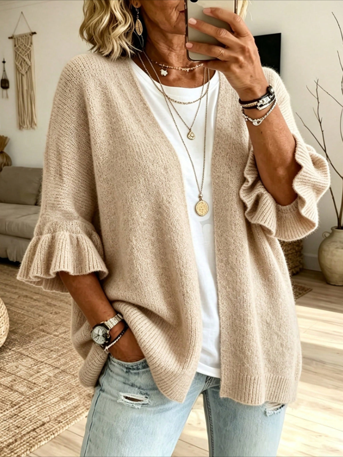 Open Front Ruffle Sleeve Knit Cardigan