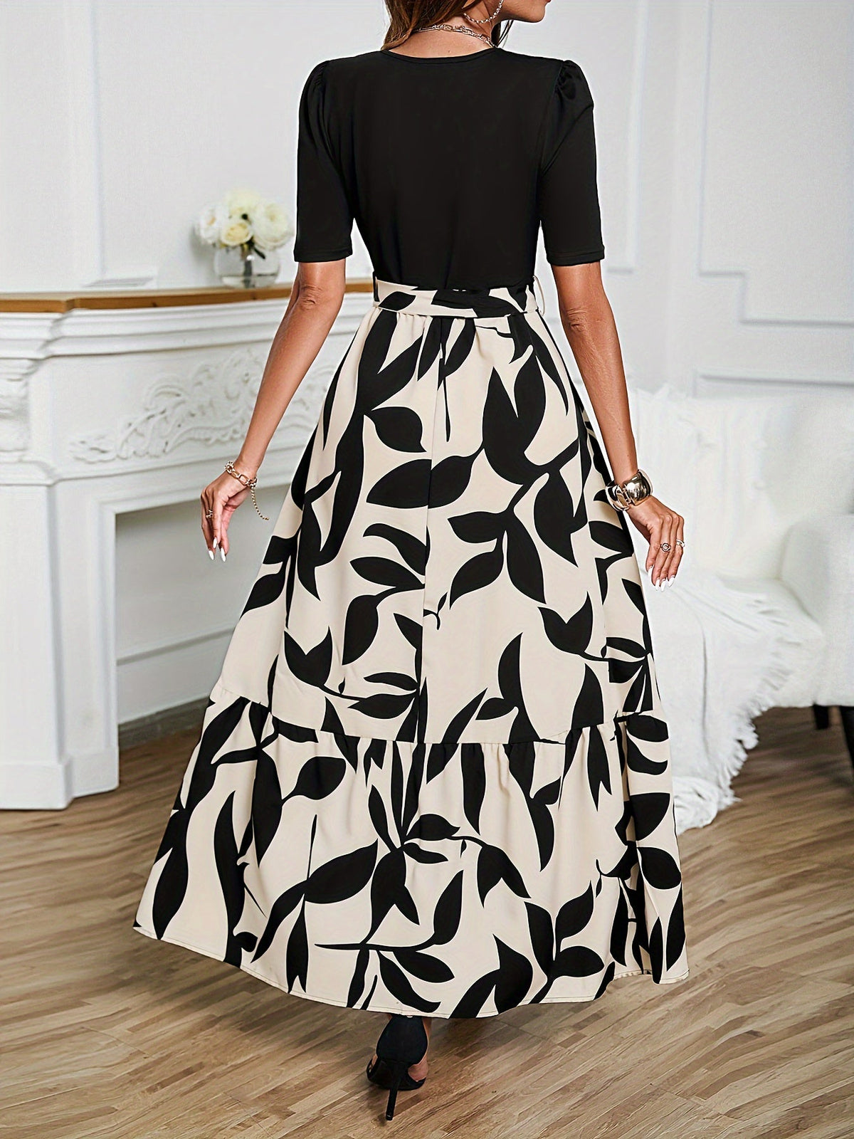 Floral Print Crew Neck Dress, Elegant Short Sleeve Dress