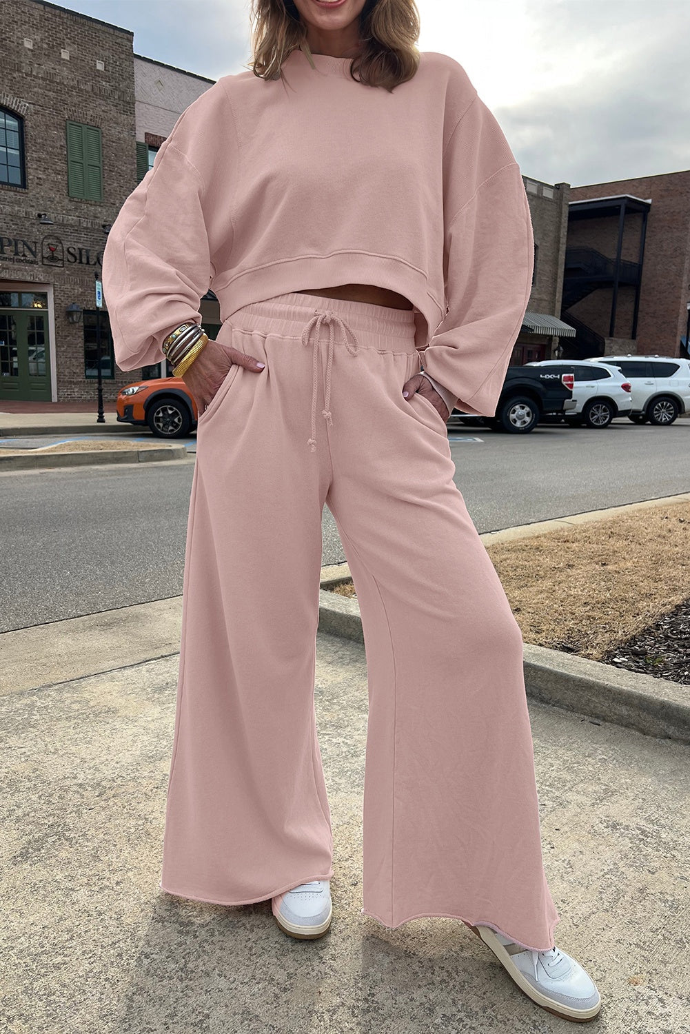 Light Pink Drop Shoulder Puff Sleeve Crop Pullover Drawstring Wide Leg Pants Set