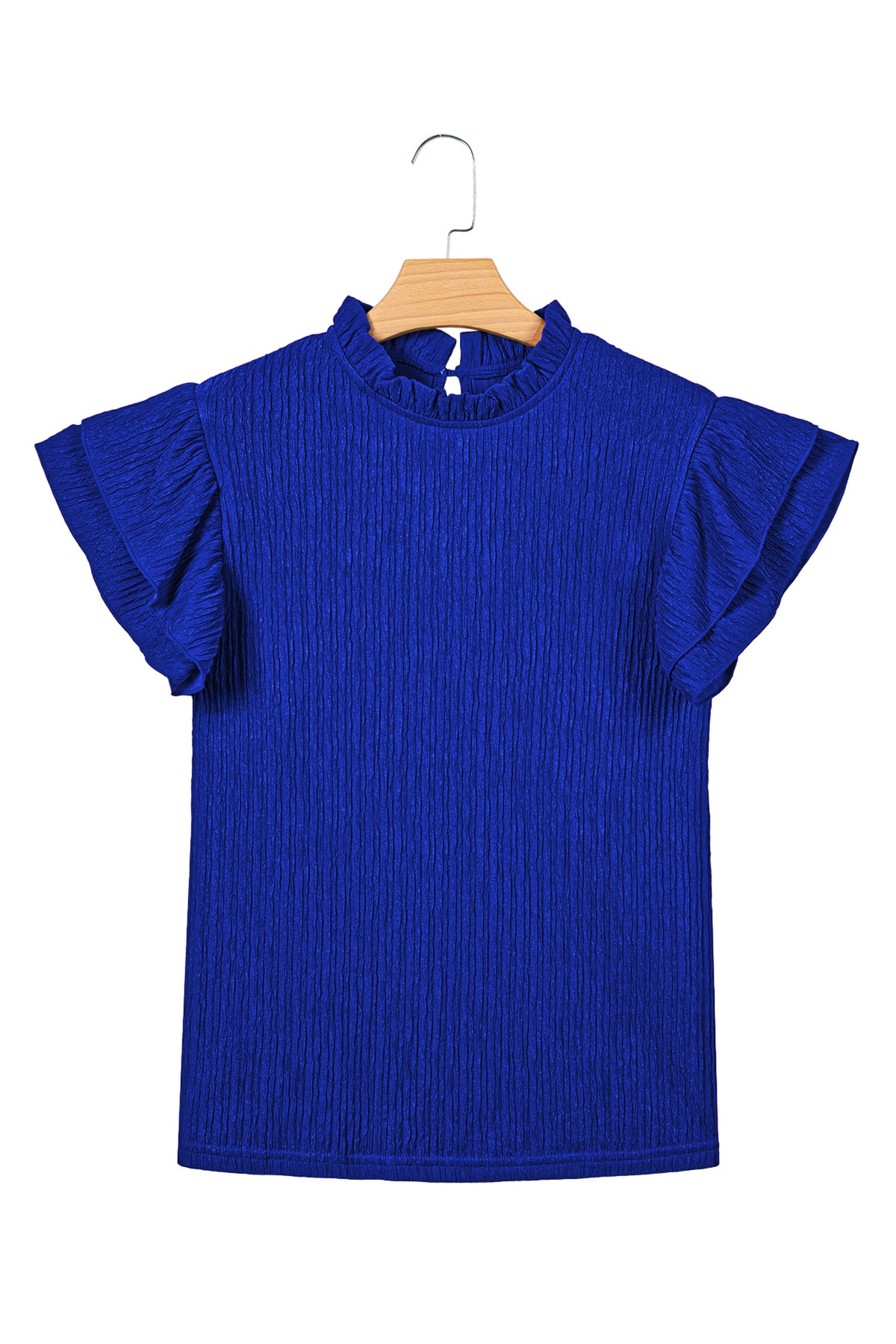 Dark Blue Solid Color Textured Ruffle Trim Short Sleeve Blouse