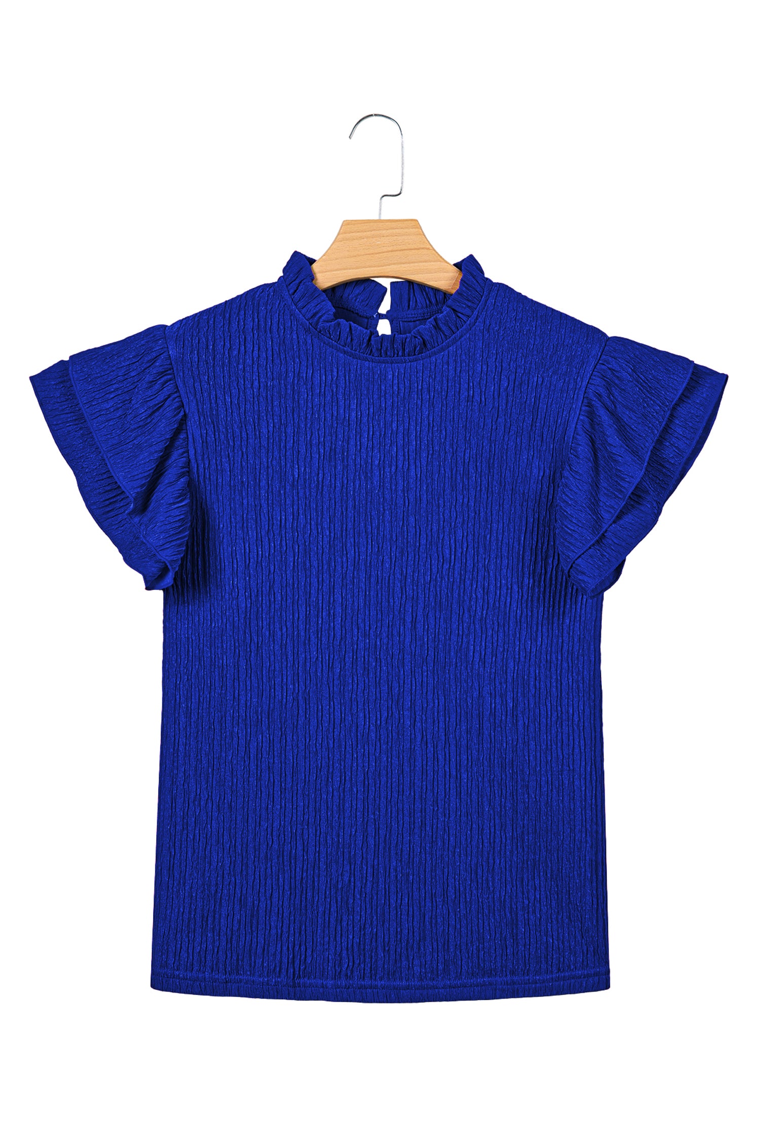 Dark Blue Solid Color Textured Ruffle Trim Short Sleeve Blouse