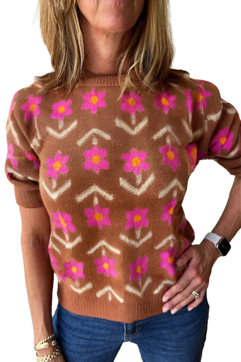 Brown Floral Short Puff Sleeve Sweater