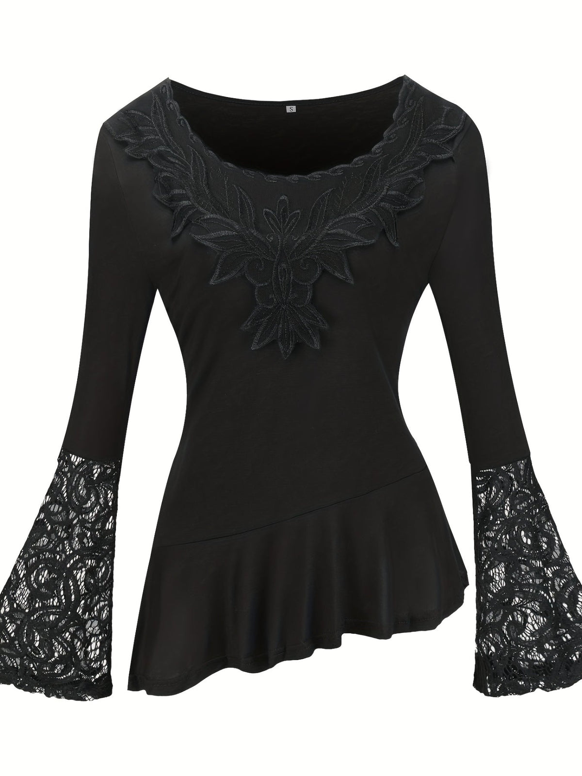 Contrast Lace Ruffle Hem Crew Neck T-Shirt, Casual Long Sleeve Top