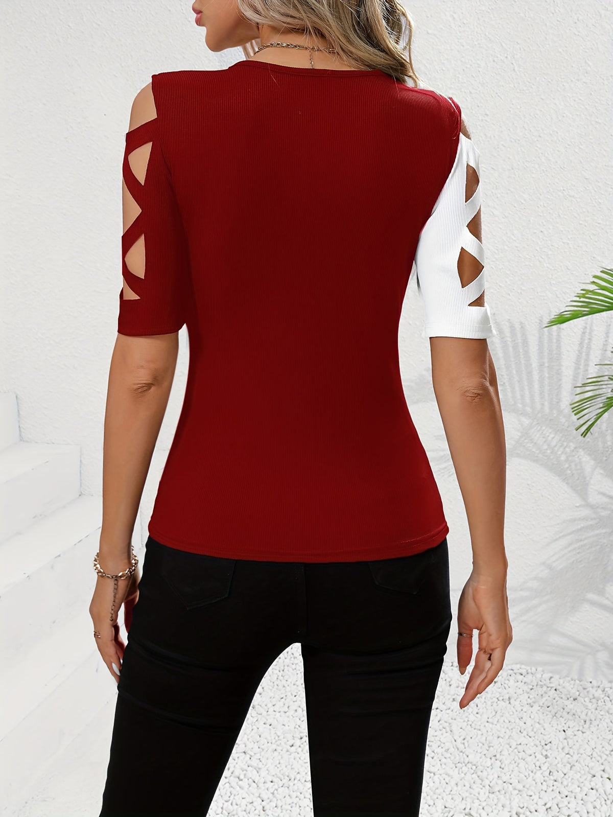 Round Neck Cutout Shoulder Summer T-Shirt