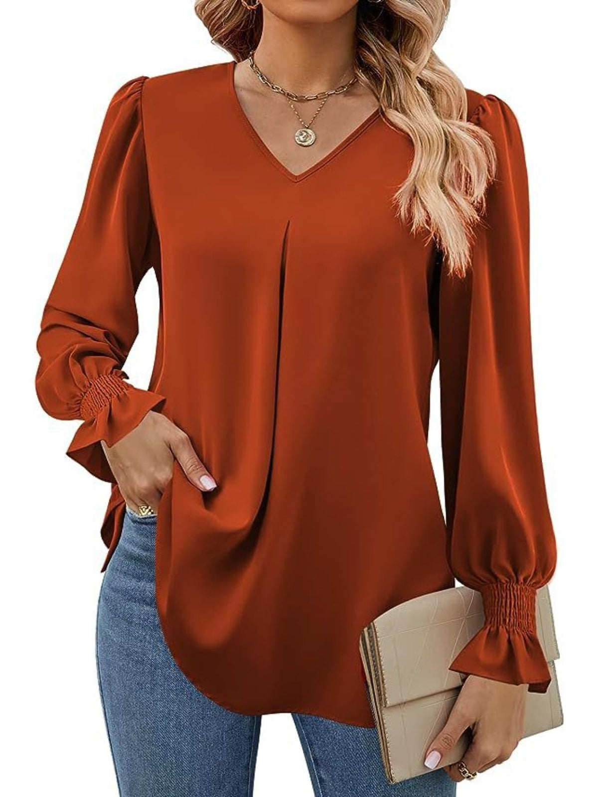 Solid V Neck Simple Blouse, Elegant Long Sleeve Ruched Blouse