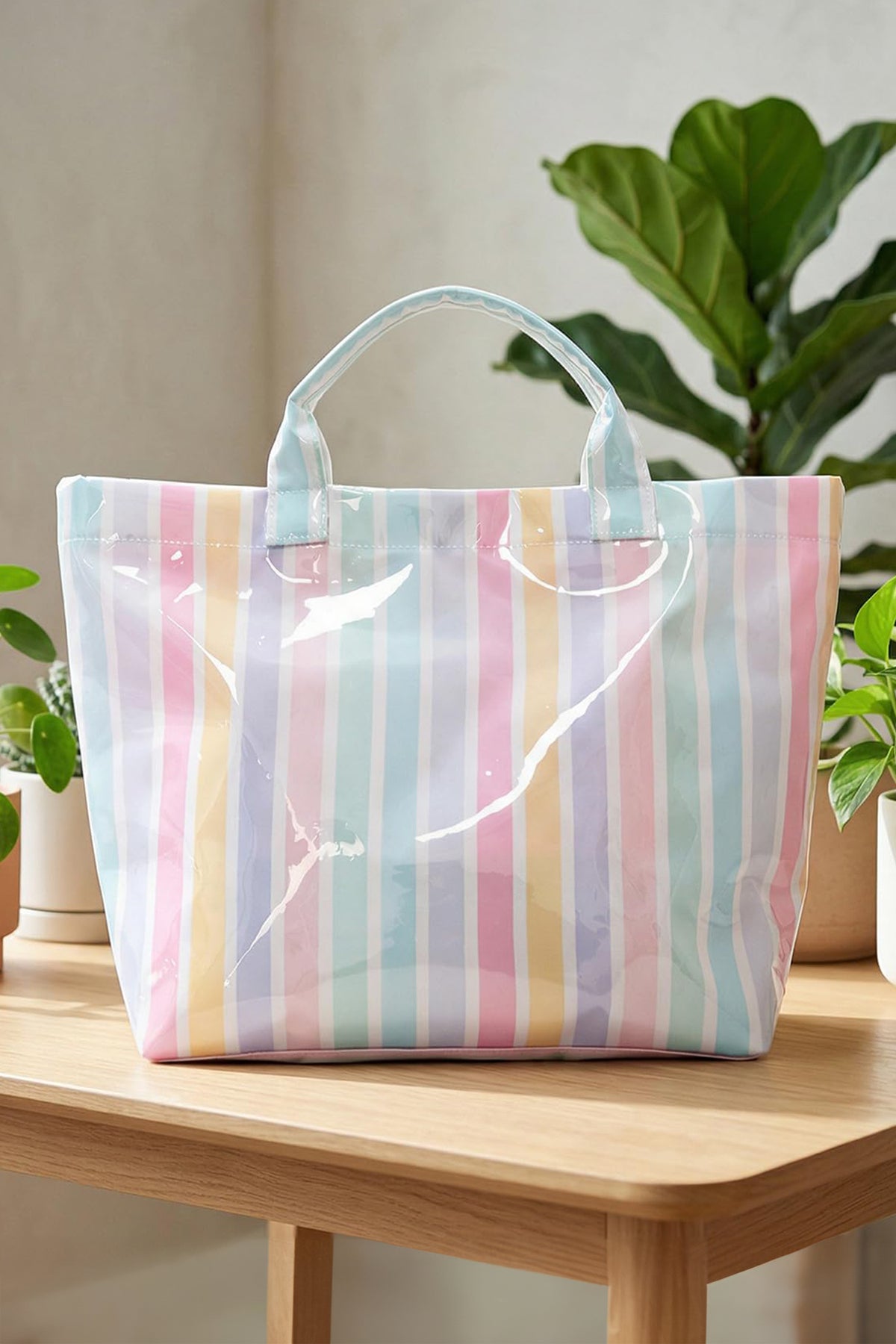 Red Glossy Striped Vinyl Large Tote Bag (Color Varied)