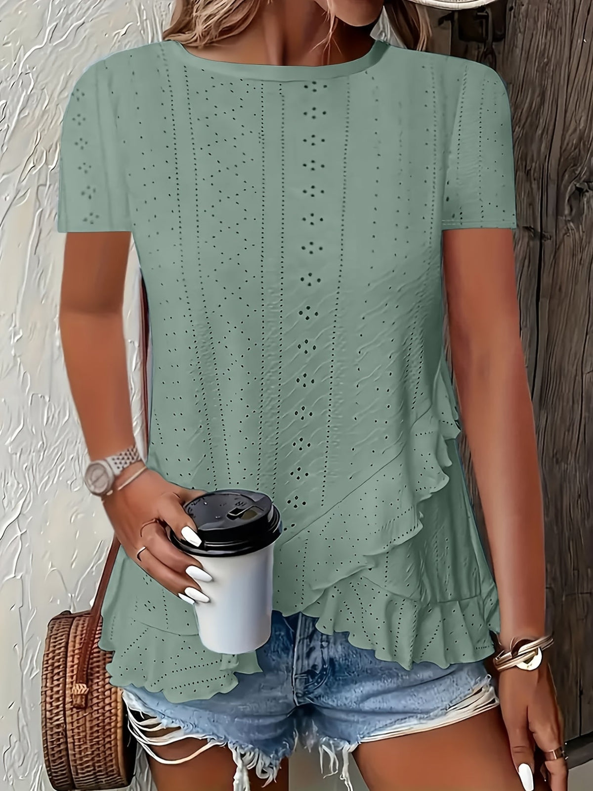 Asymmetrical Ruffle Hem Short Sleeve Round Neck T-Shirt