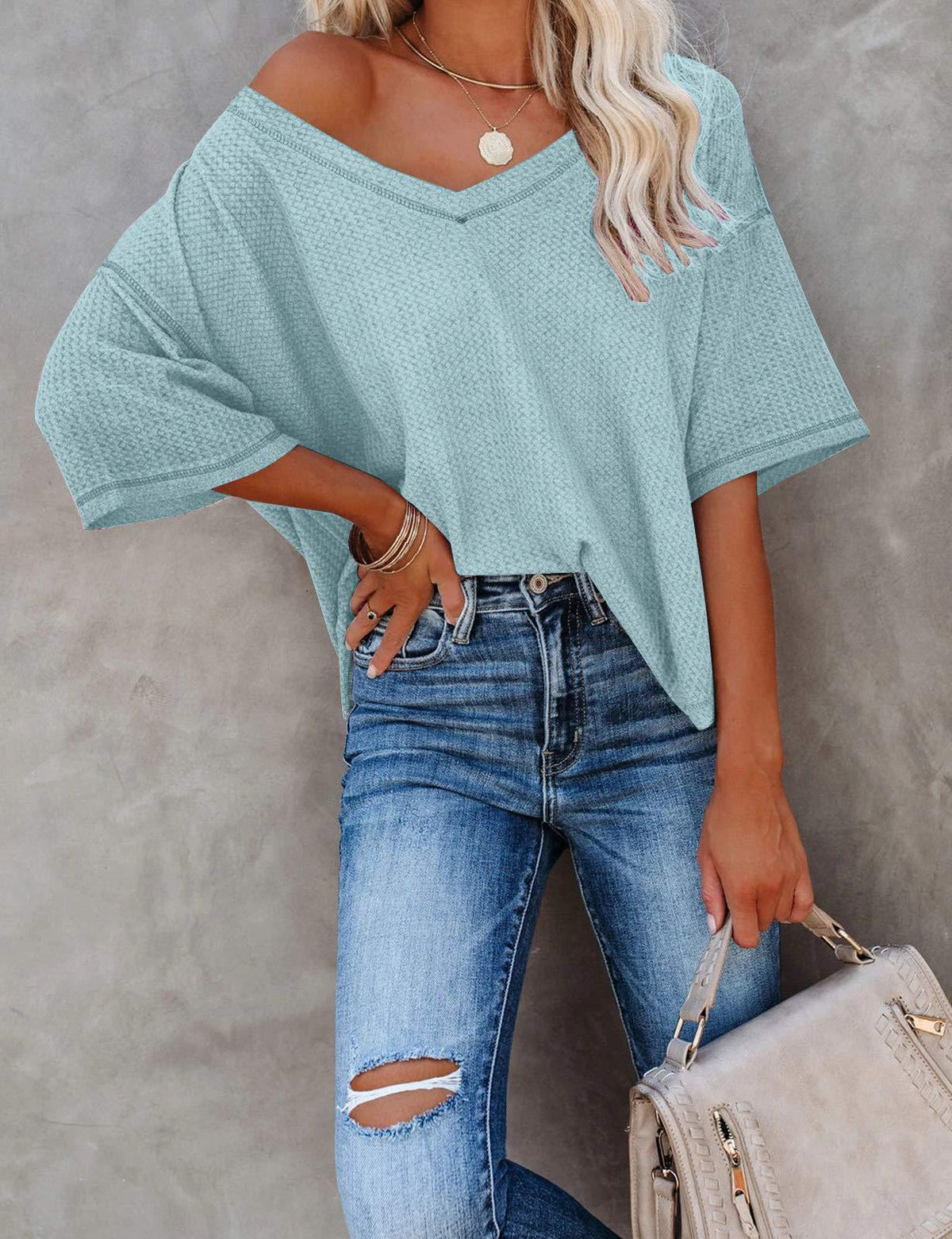 Solid Elegant V Neck T-Shirt, Drop Shoulder Casual Top