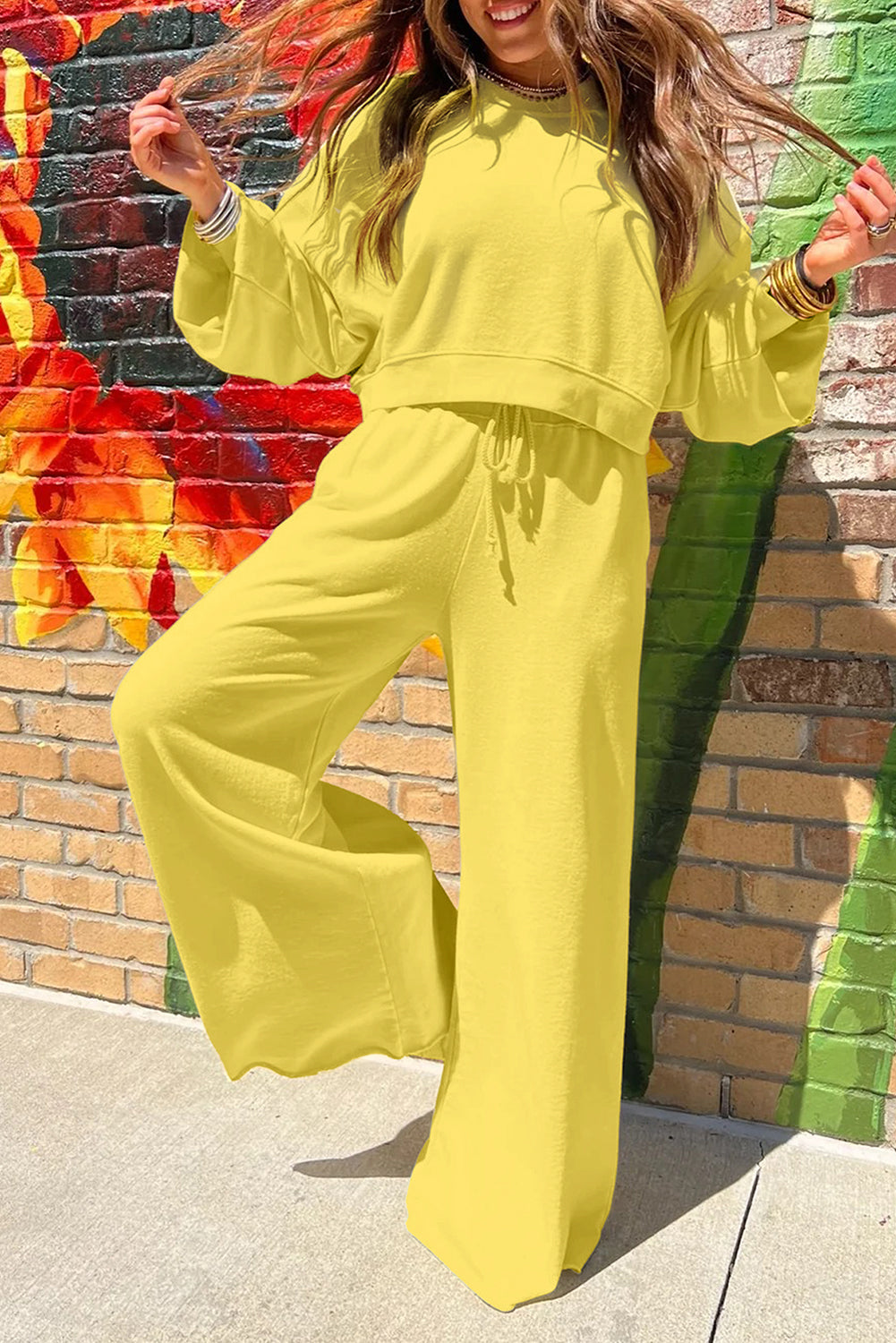 Yellow Cream Drop Shoulder Puff Sleeve Crop Pullover Drawstring Wide Leg Pants Set