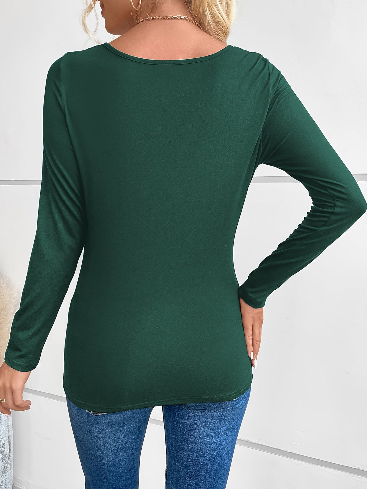 Rhinestone Print Faux Twinset Ruched T-Shirt, Casual Long Sleeve Top
