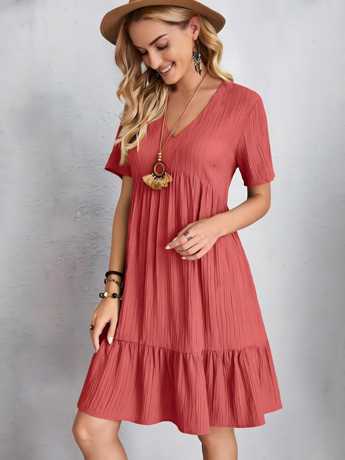 Short Sleeve V Neck Ruffle Mid Dress