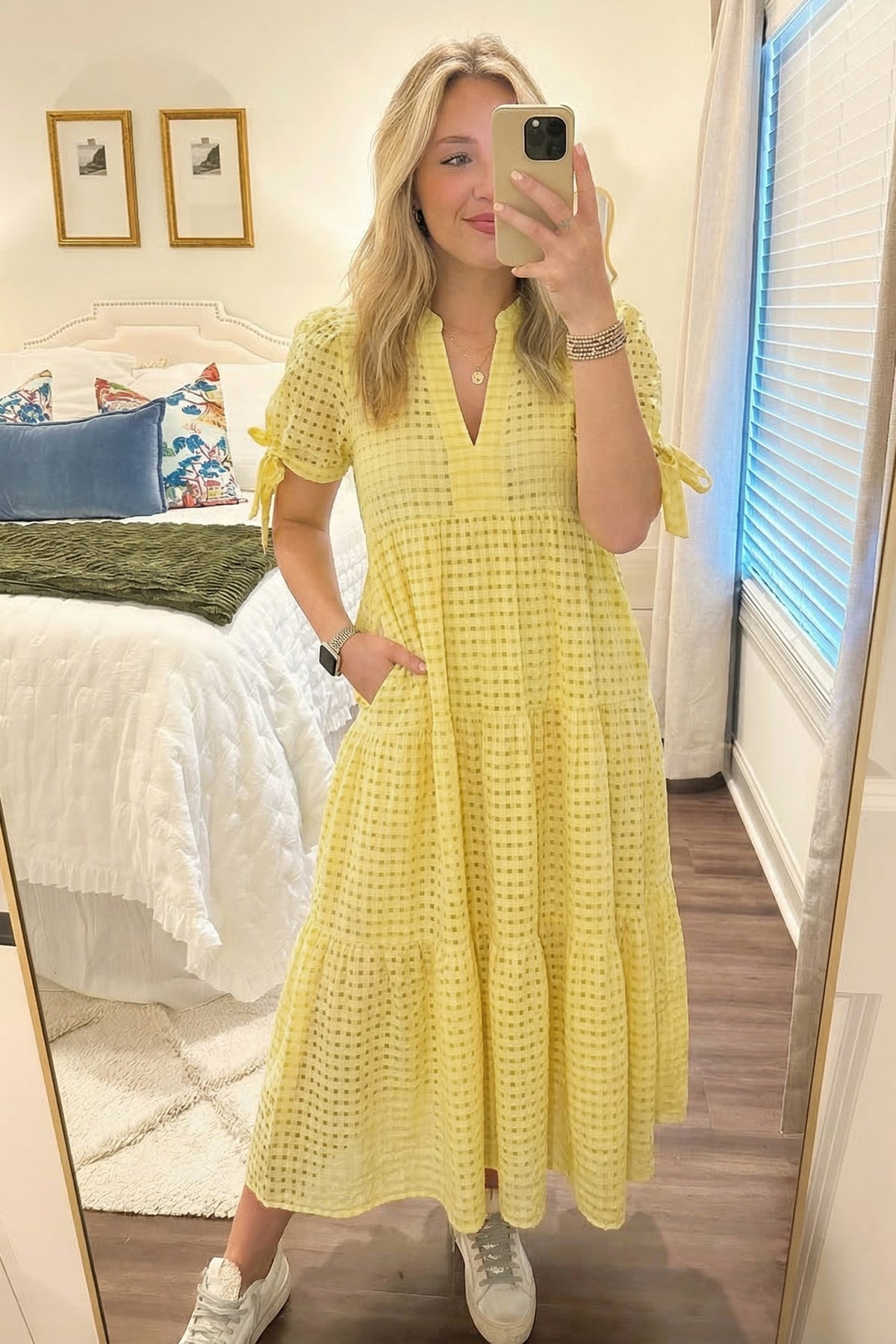 Yellow Gingham Textured Bow Tie Short Sleeve Tiered Midi Dress