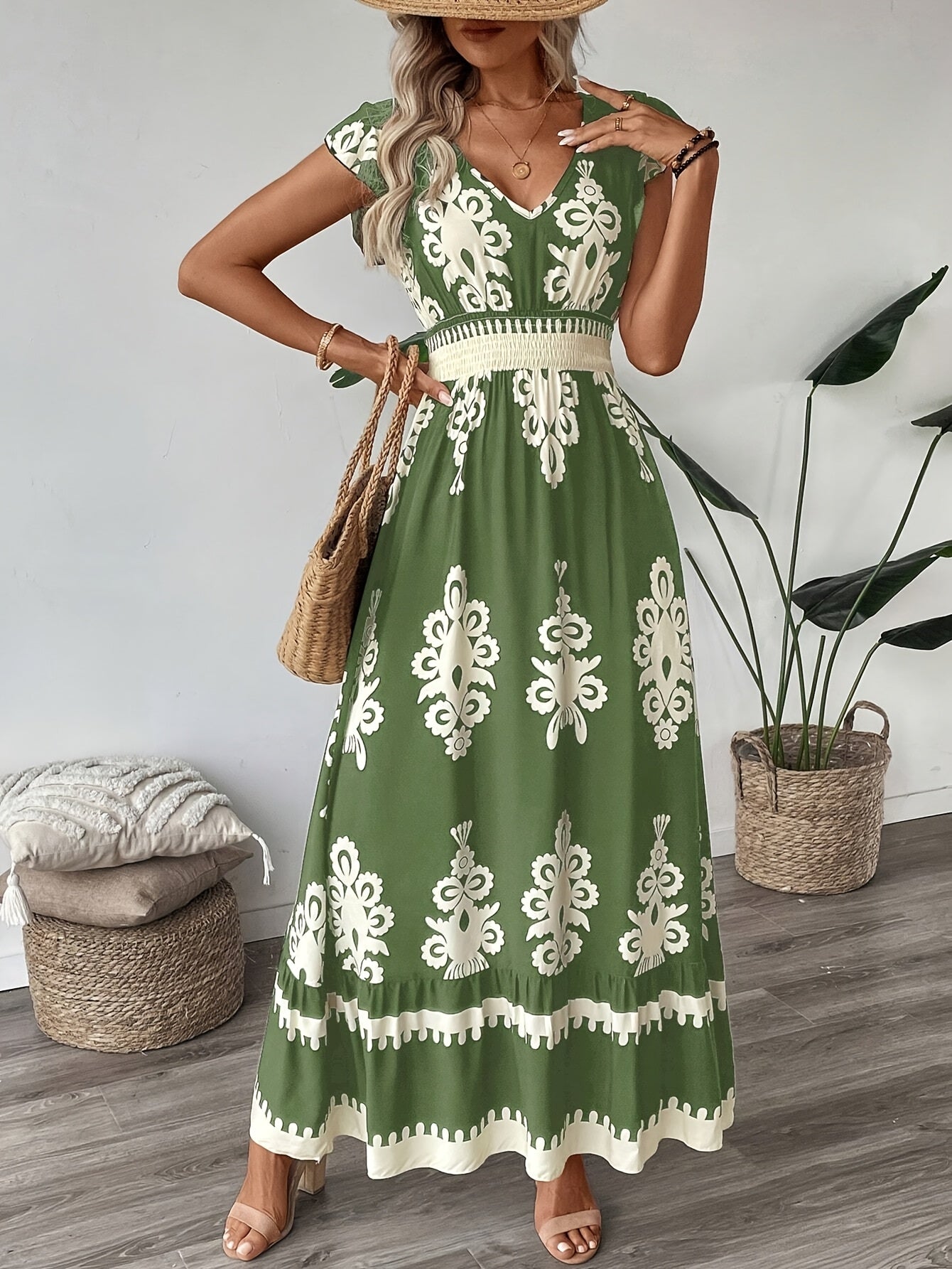 Women's Navy Blue Floral Print V-Neck A-Line Dress with Ruffled Cap Sleeves
