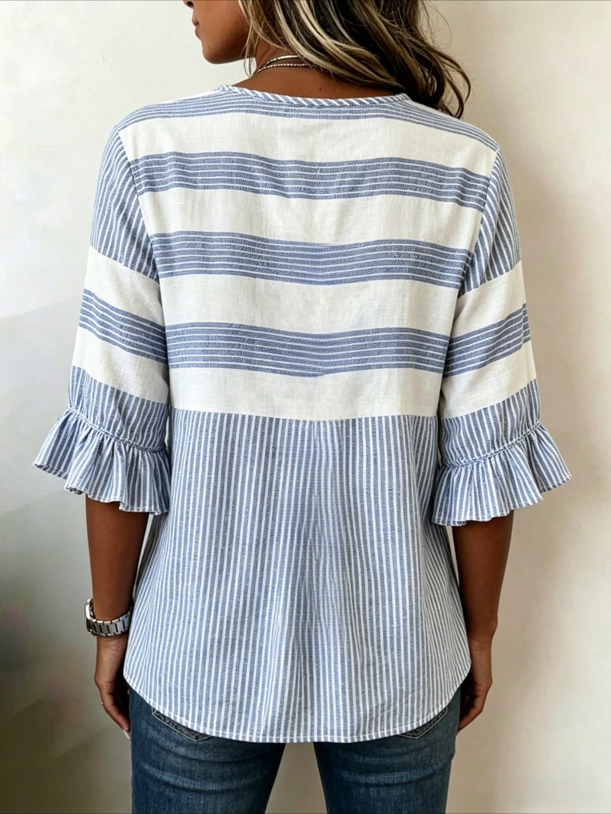 Striped Print V Neck Button Short Ruffle Sleeve Casual Top