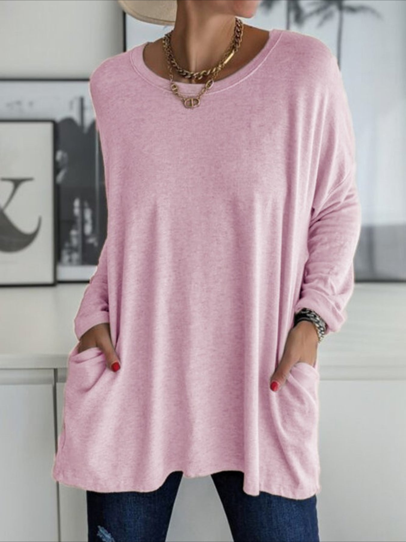 Solid Color Pocket Long Sleeve Crew Neck Top