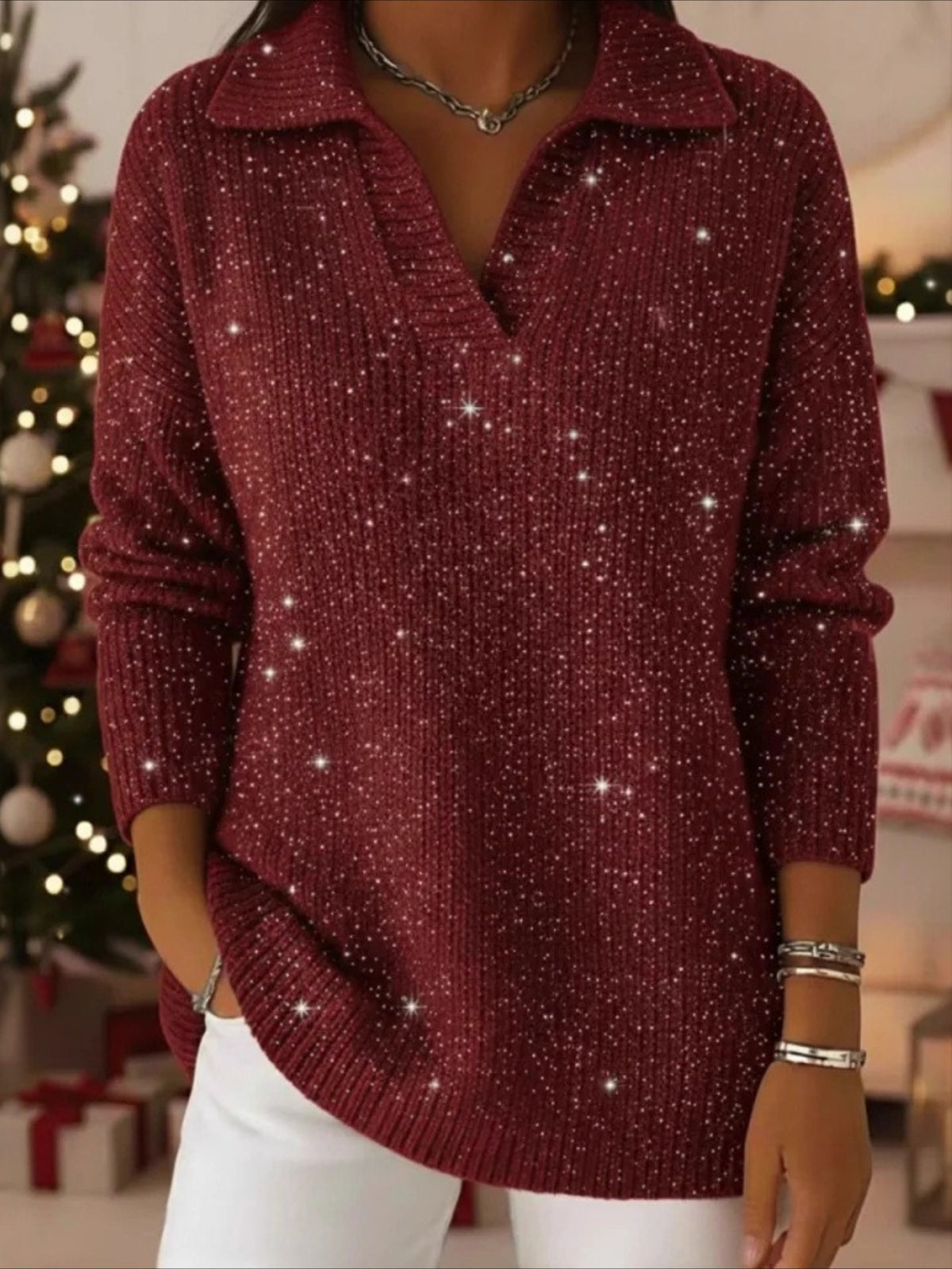 Gradient Color Party Polo Collar Shiny Loose Sweater Top