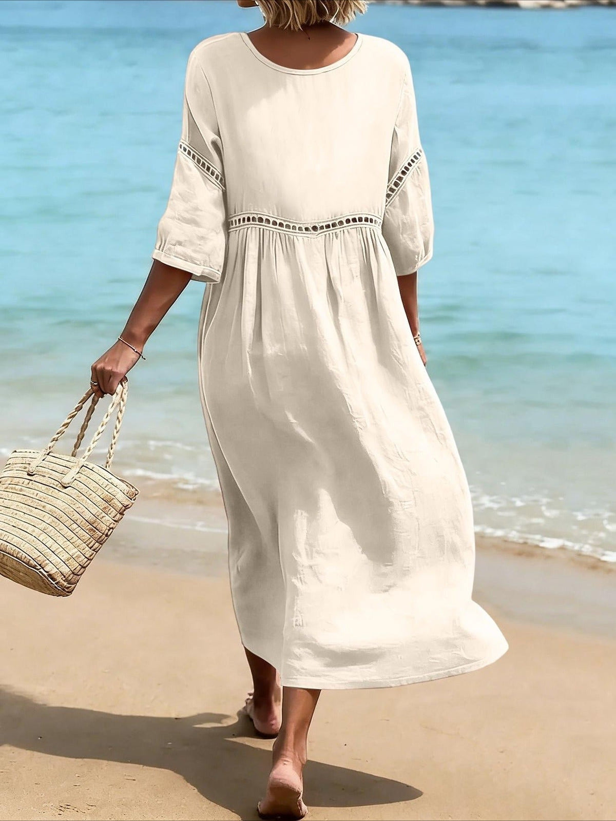 Casual V-Neck Solid Color Hollow Out Dress