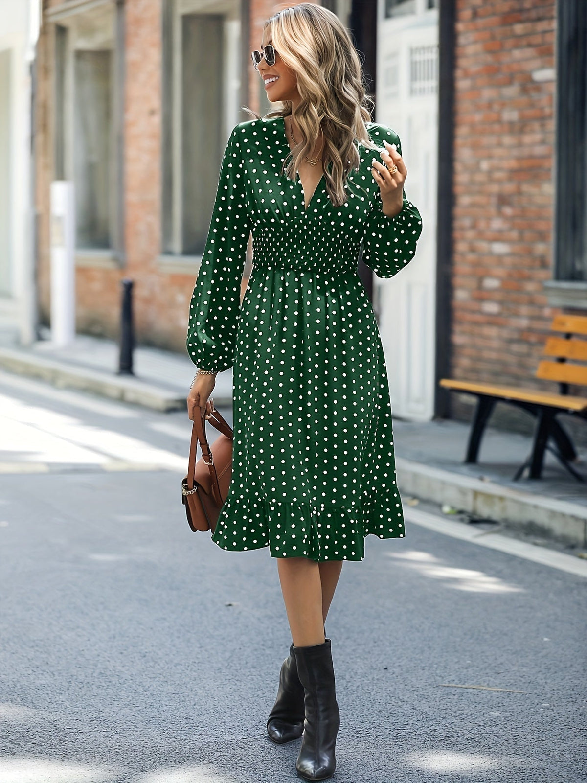 Retro V-neck Ruffle Dress, Polka Dot Print Long Sleeve Waist Loose Summer Dresses