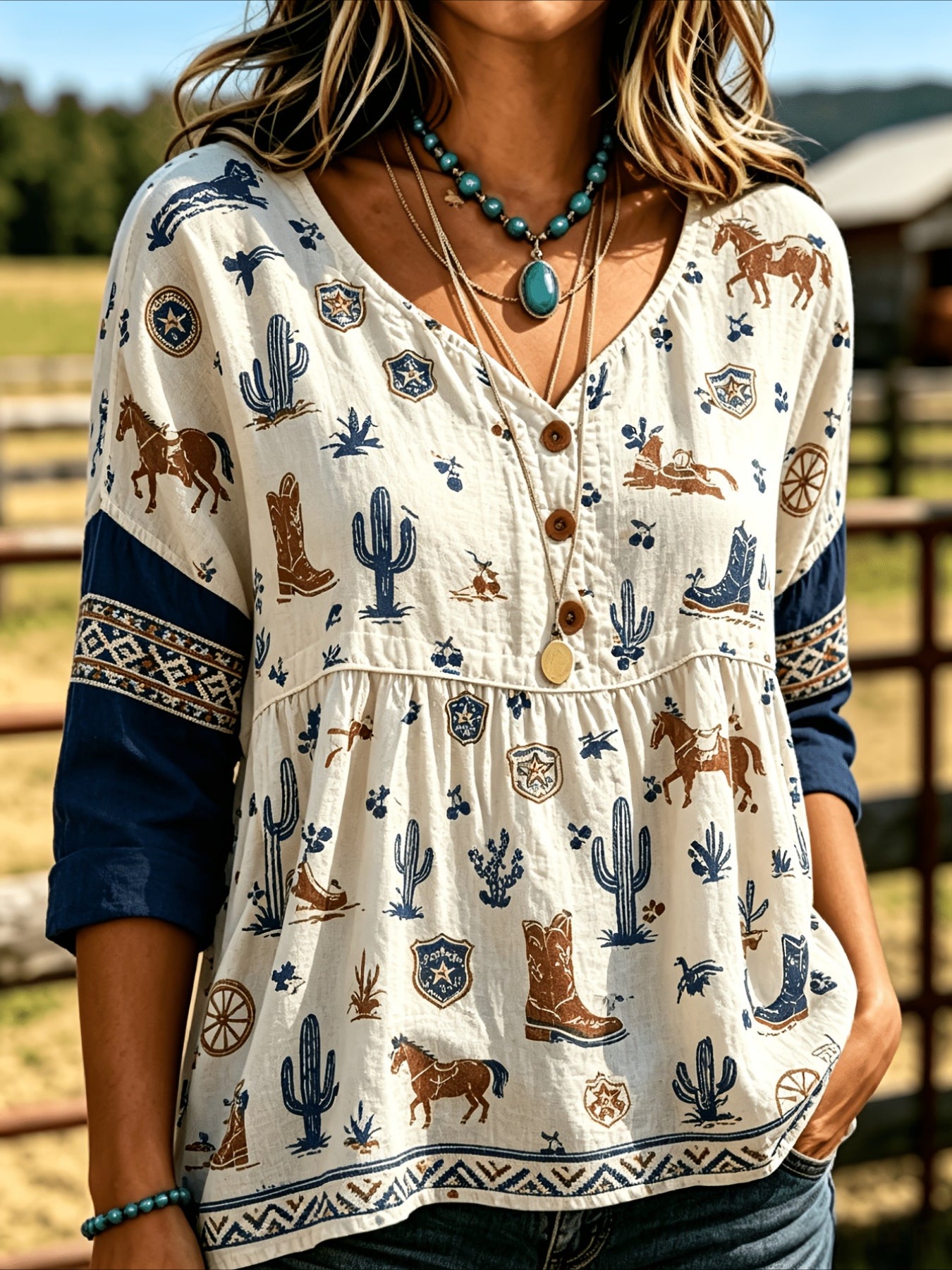 Floral Print 3/4 Sleeve V-Neck Three-Button Front Babydoll Blouse