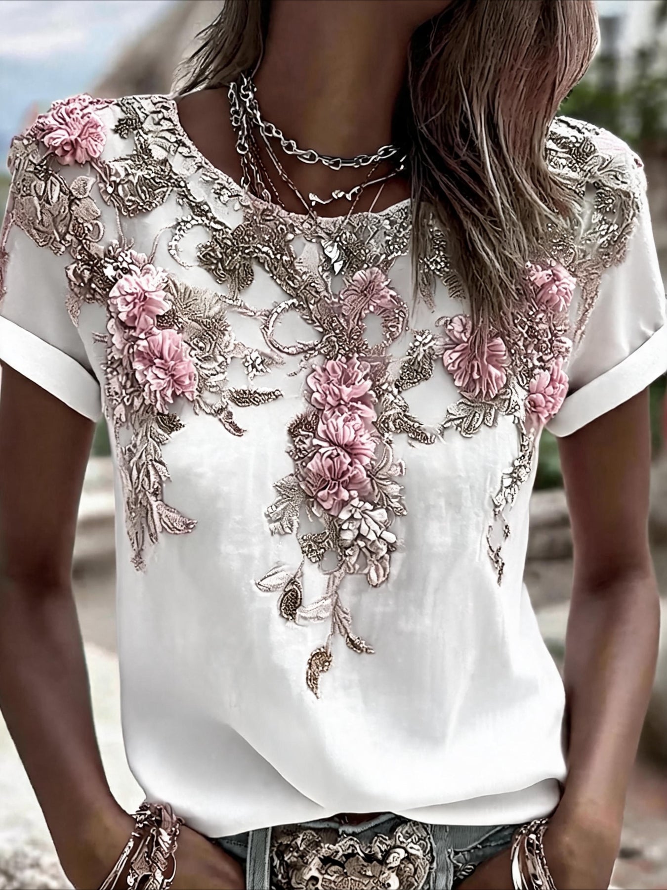 Floral Print Short Sleeve Crew Neck Top with Patchwork Blouse Style