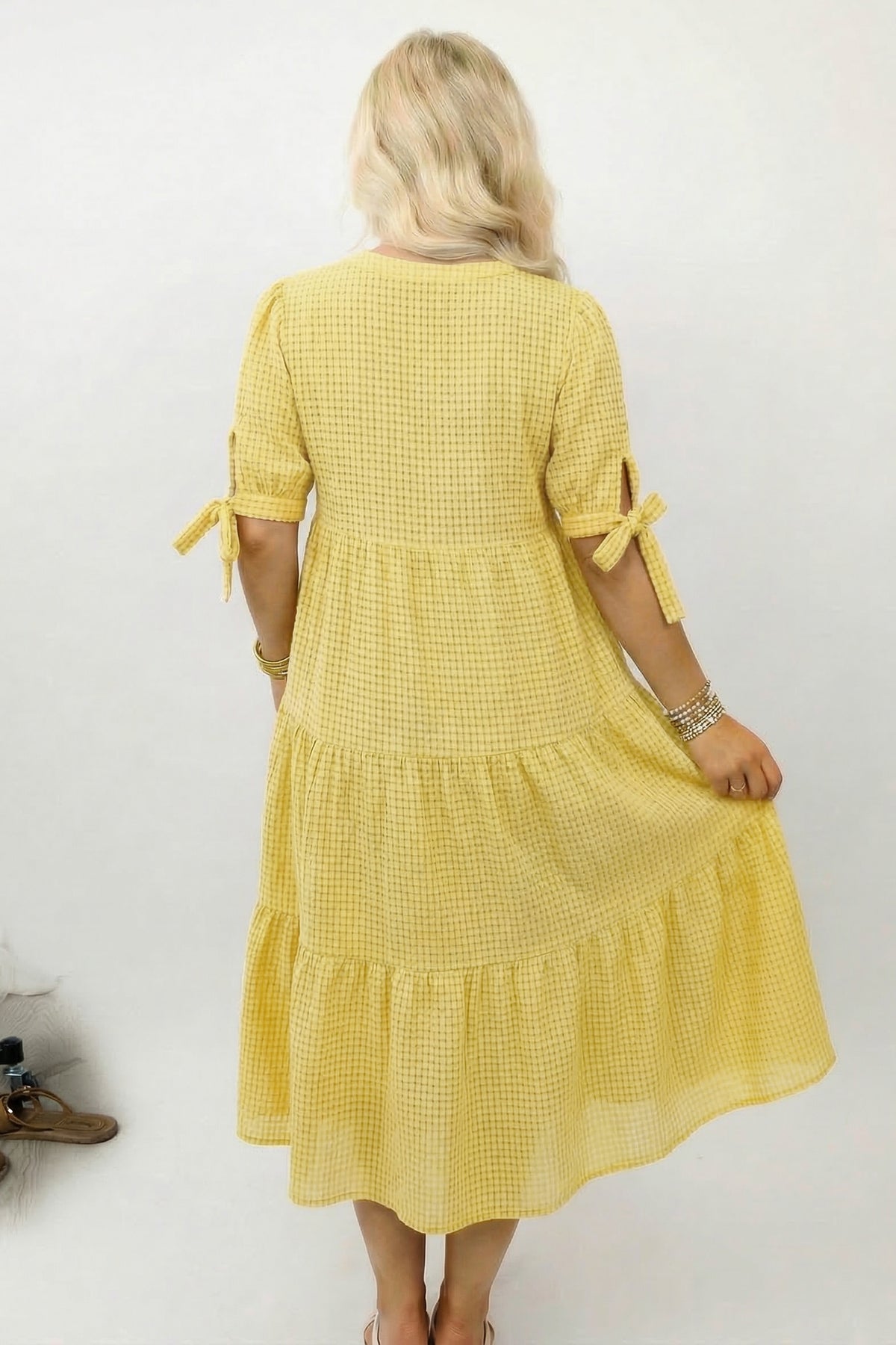 Yellow Gingham Textured Bow Tie Short Sleeve Tiered Midi Dress