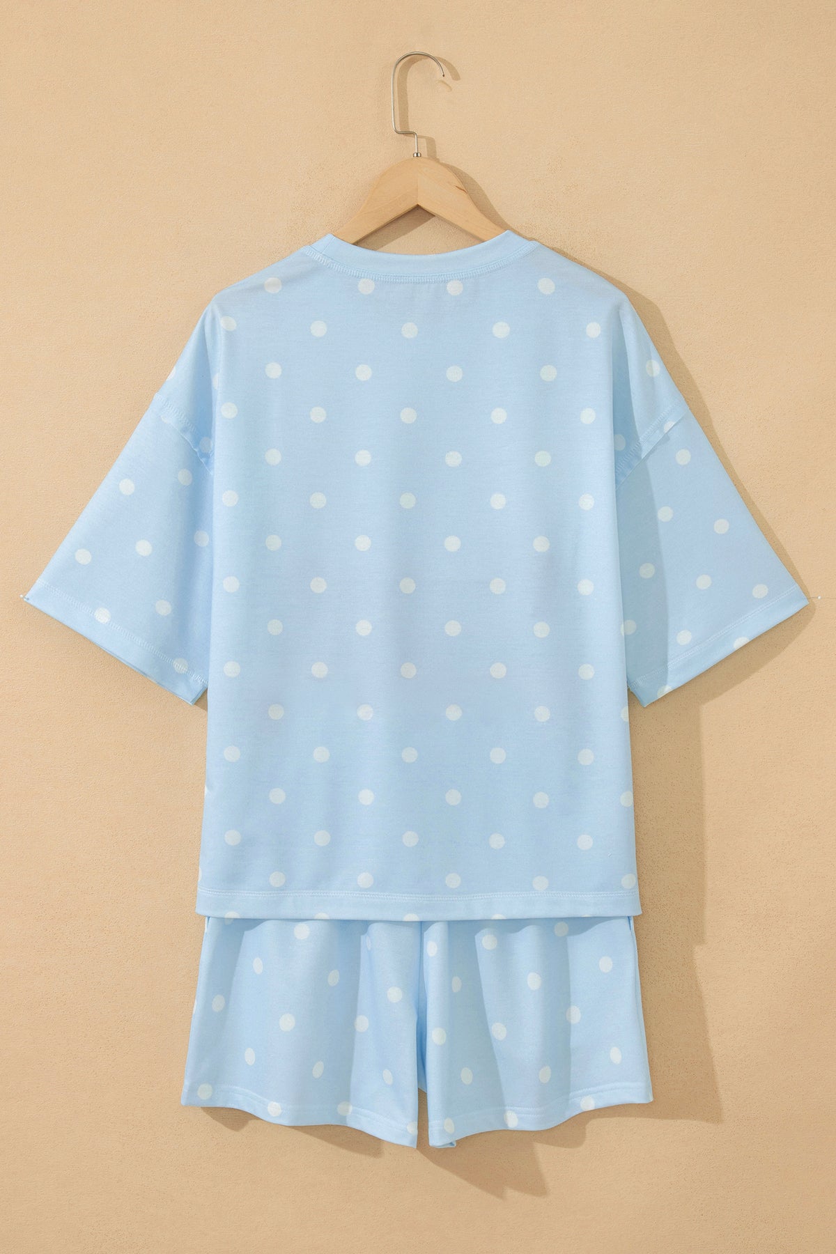 Sky Blue Polka Dot Short Sleeve Loose Top Drawstring Shorts Set