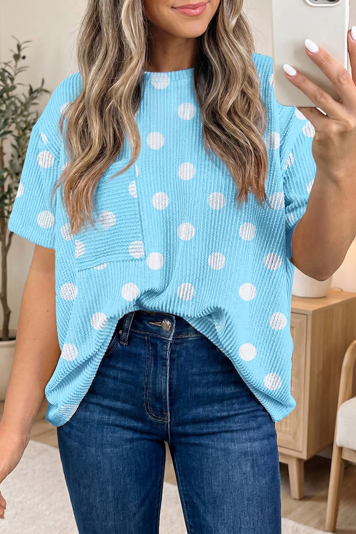 Sky Blue Polka Dot Patch Pocket Twisted Ribbed Top