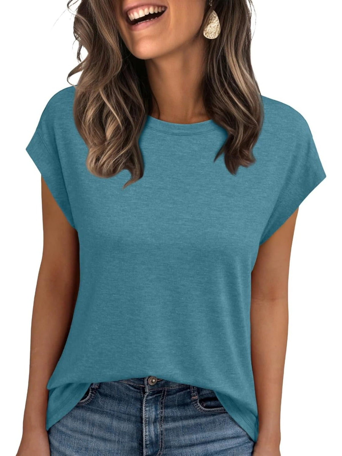 Solid Color Round Neck Cap Sleeve T Shirts