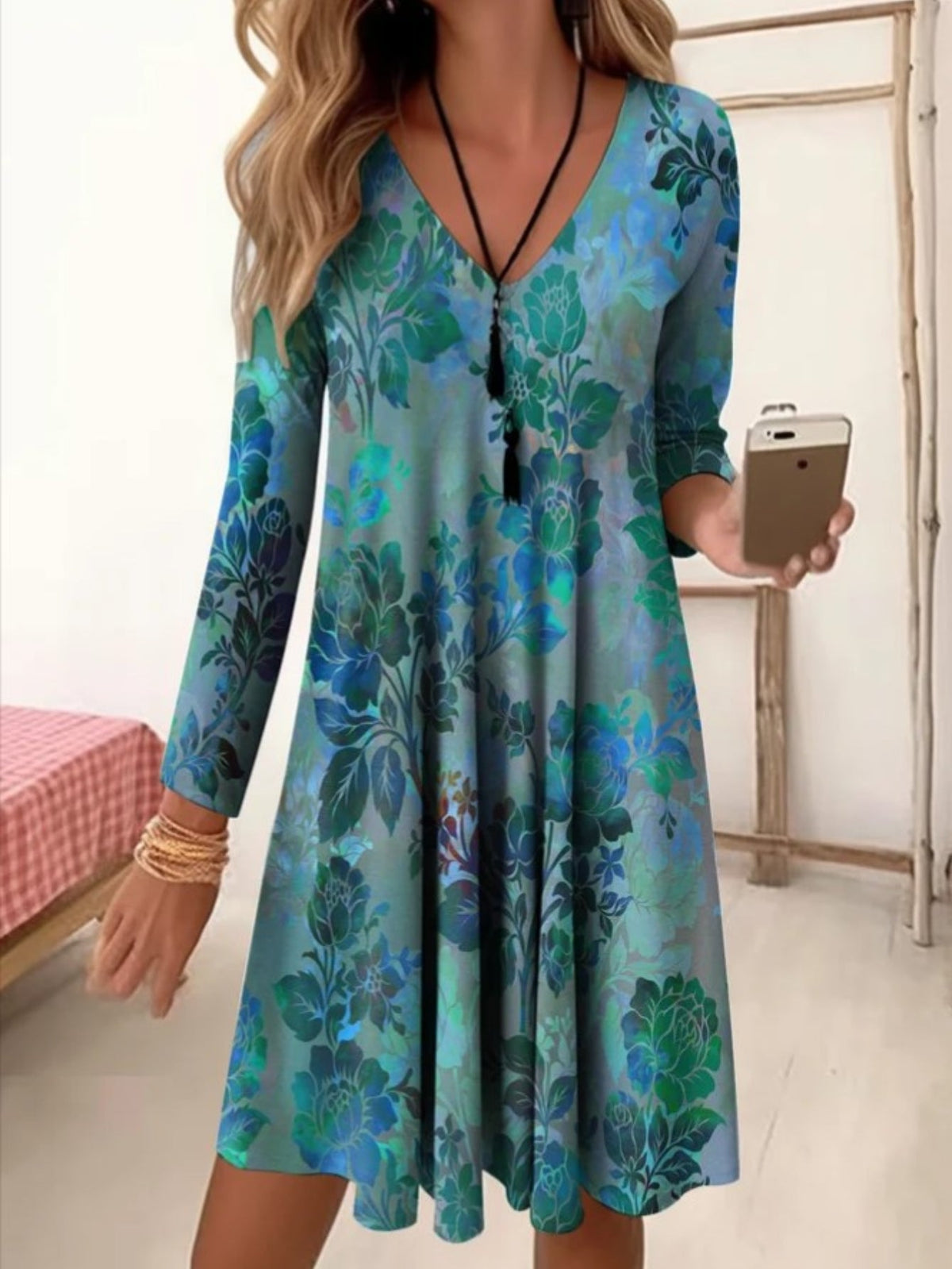 Stylish Knitted Graphic Print Casual A-line Knee Length V Neck Long Sleeve Dresses