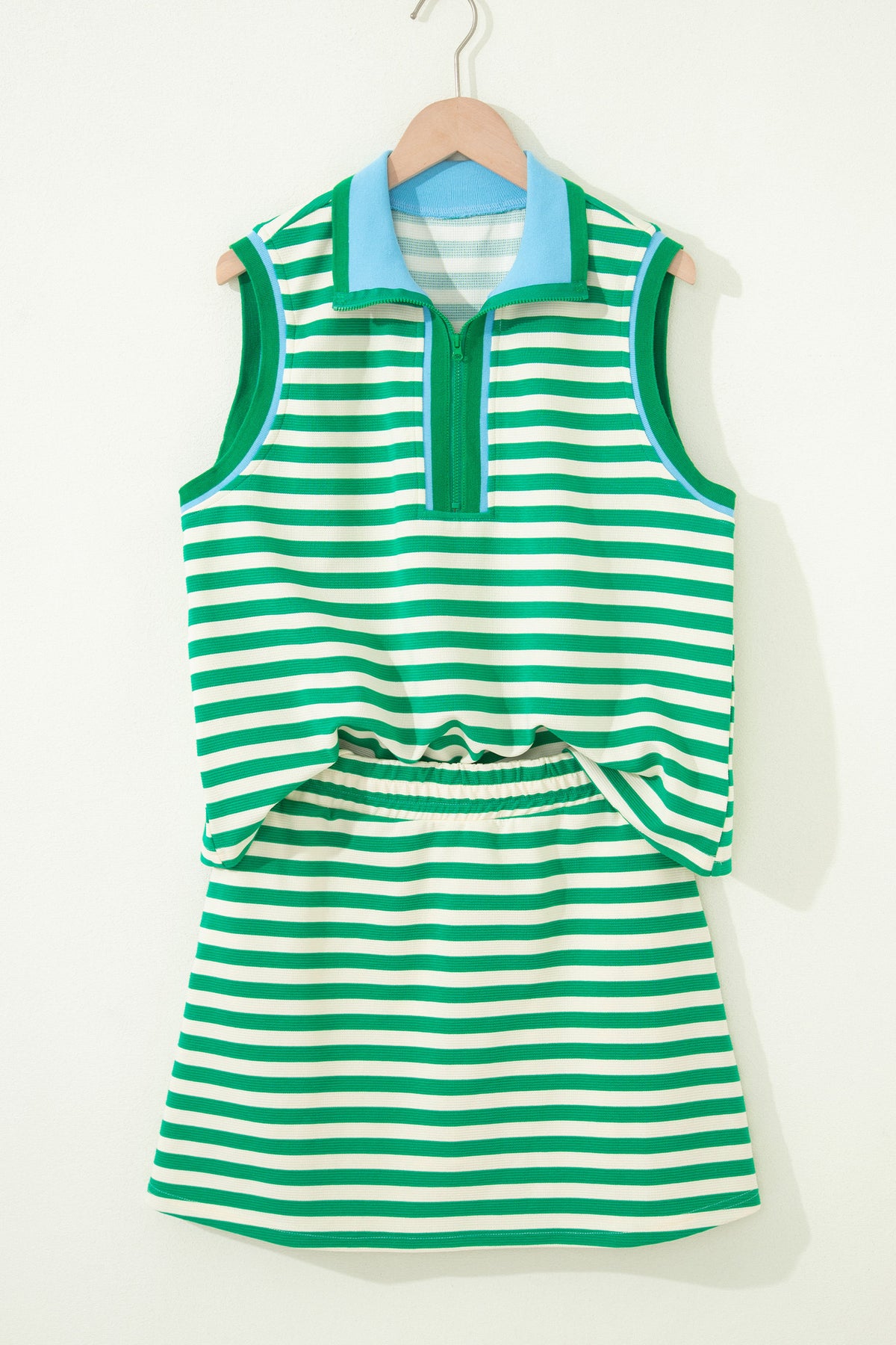 Bright Green Textured Stripe Print Contrast Trim Zip Collar Sleeveless 2pcs Skort Set