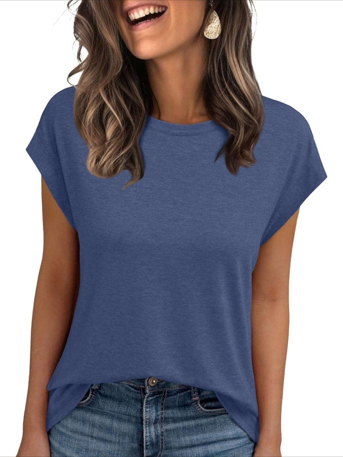 Solid Color Round Neck Cap Sleeve T Shirts
