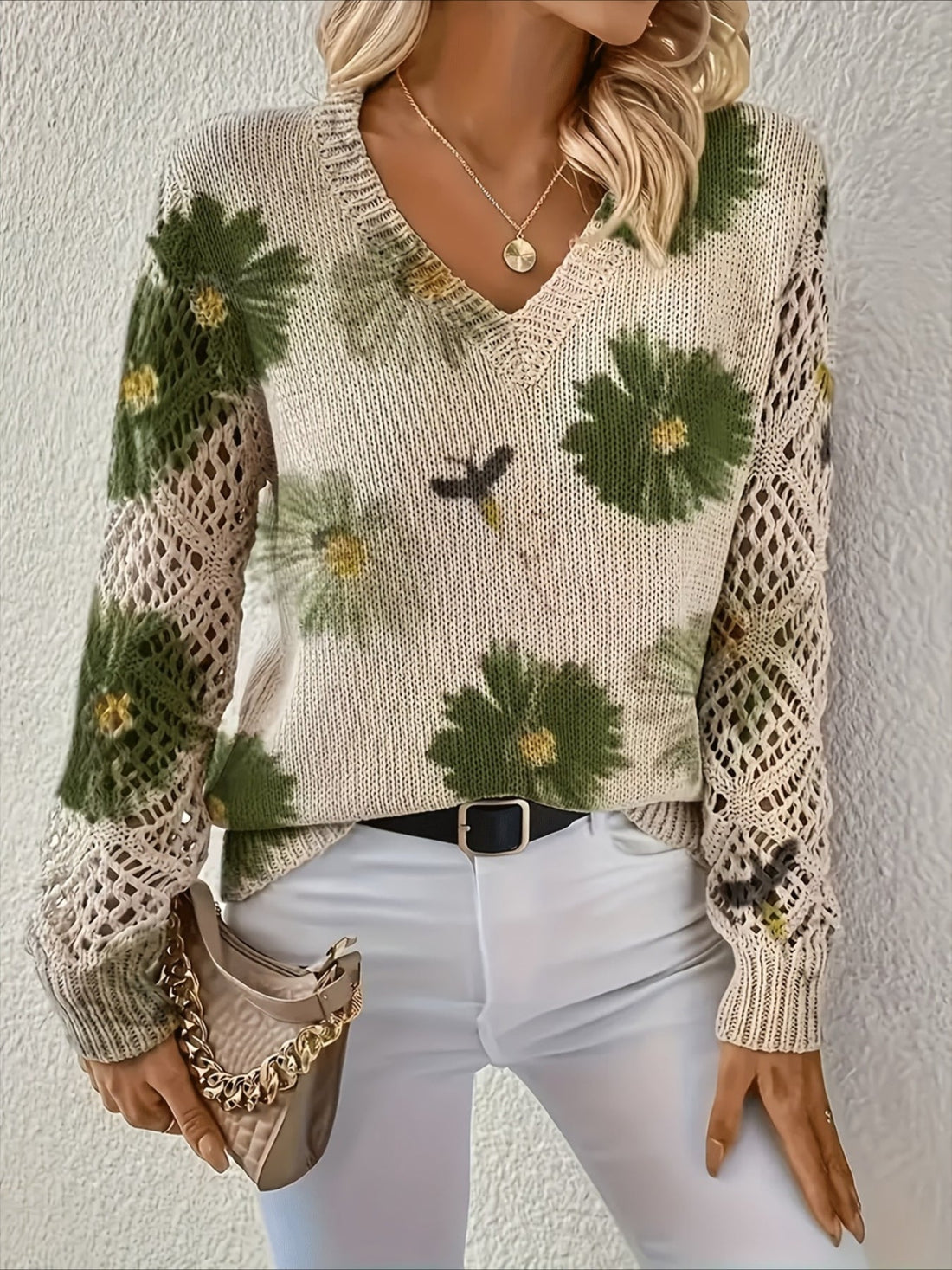 V-Neck Long Sleeve Floral Print Pullover Sweater