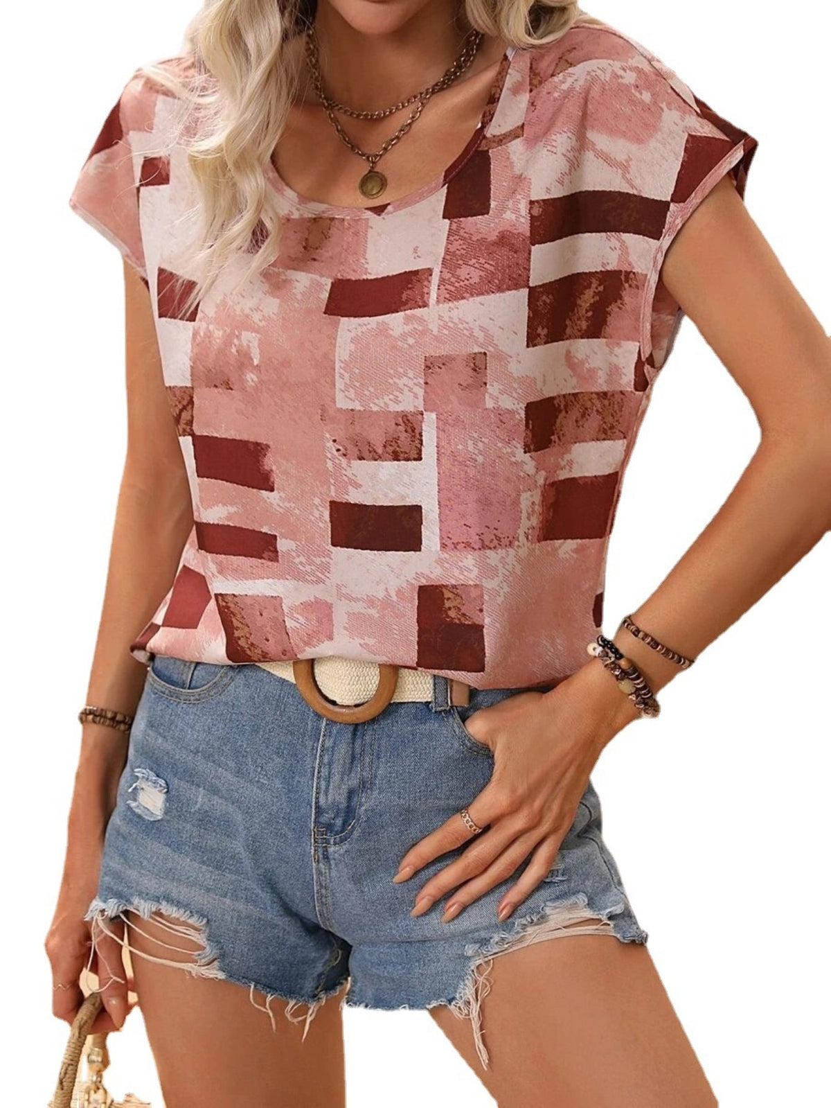 Graphic Print Crew Neck T-shirt, Short Sleeve Aztec Print Tops