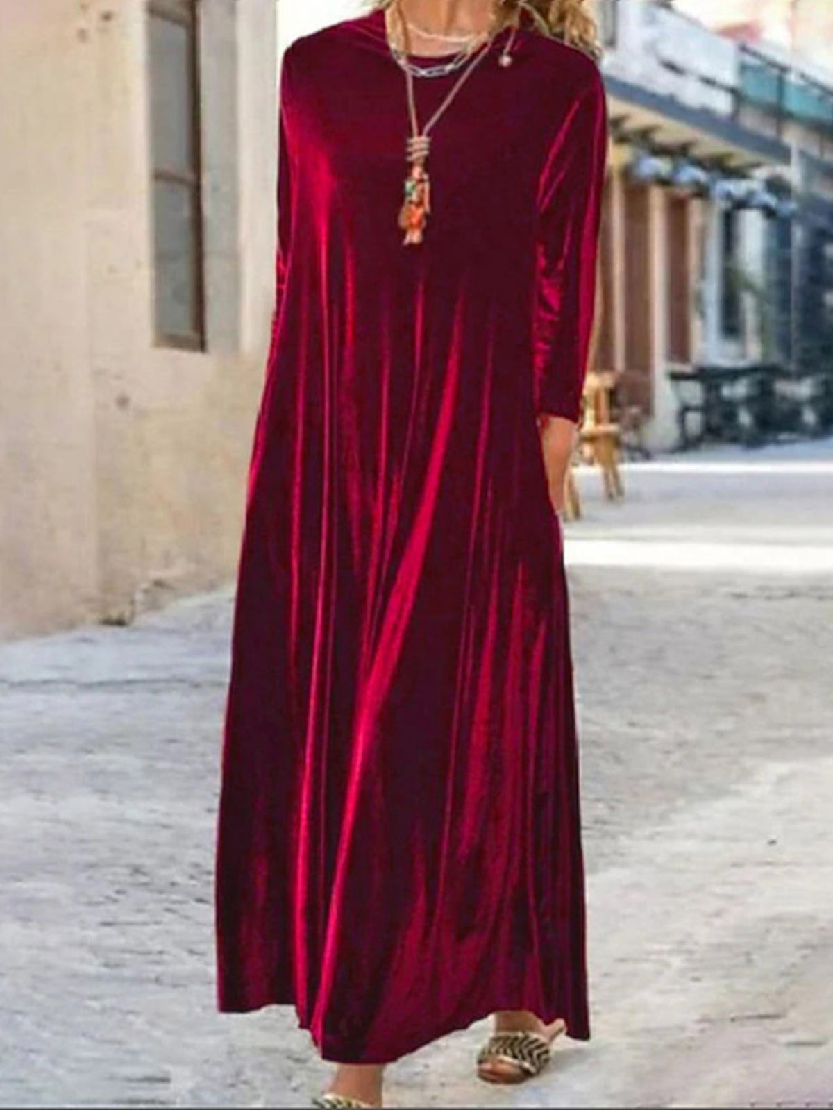 Long Sleeve Vintage Solid Crew Neck Maxi Dress