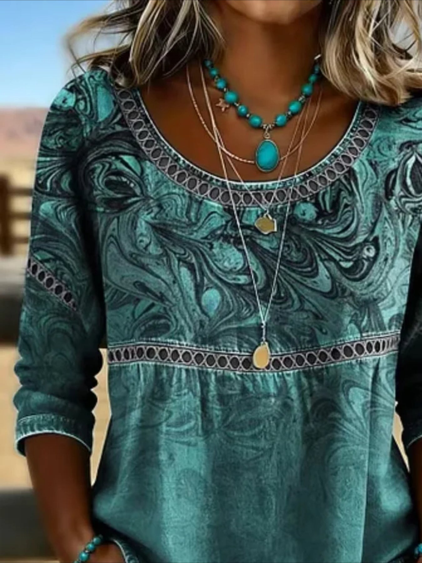 Flower Printed Mid Sleeve Pleated Round Neck Top