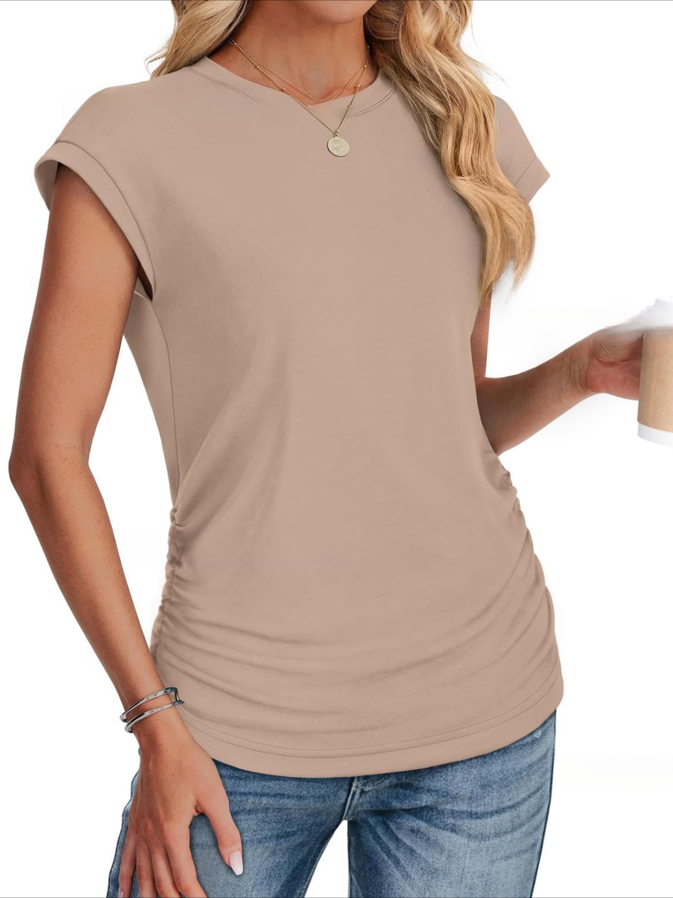 Solid Color Crew Neck Ruched Cap Short Sleeve T Shirts
