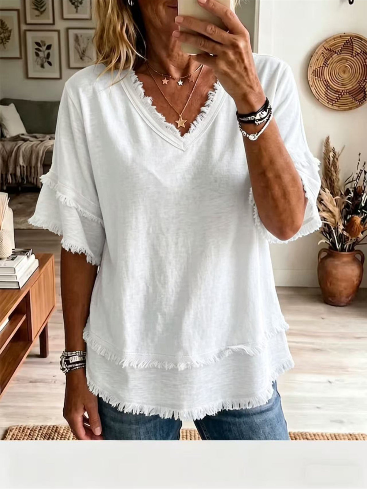 V Neck Pullover Short Sleeve Loose Casual Blouse