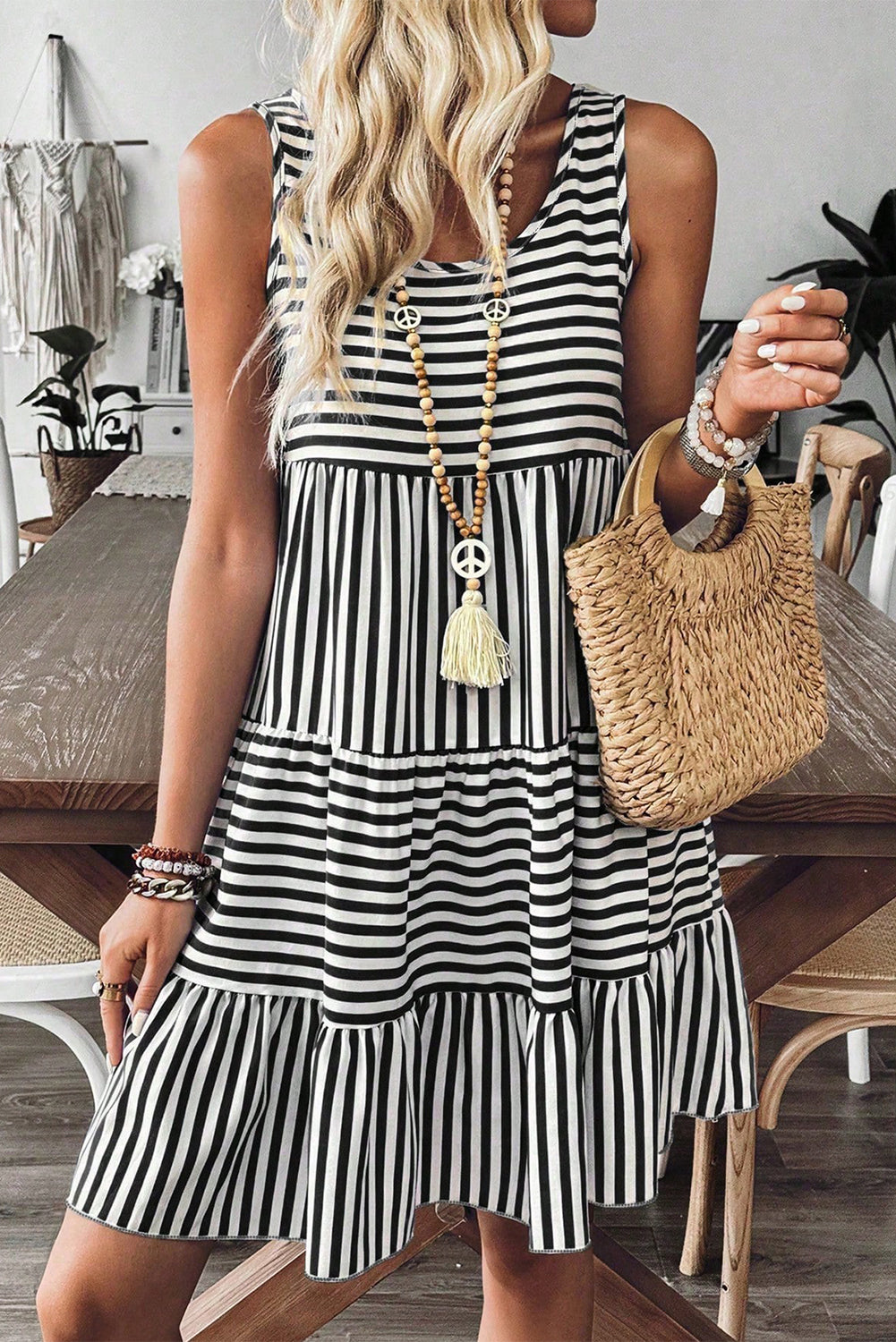 Black Stripe U Neck Sleeveless Loose Fit Mini Dress