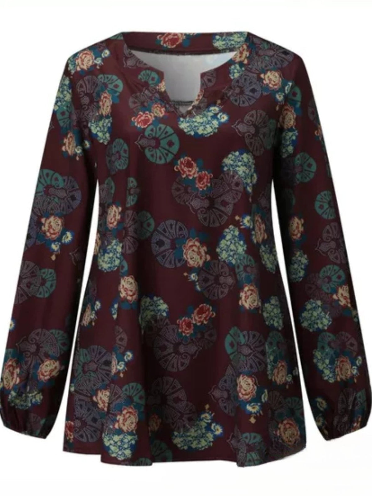 Women's Tile Print Long Sleeve Notched Neck Loose Fit T-shirt