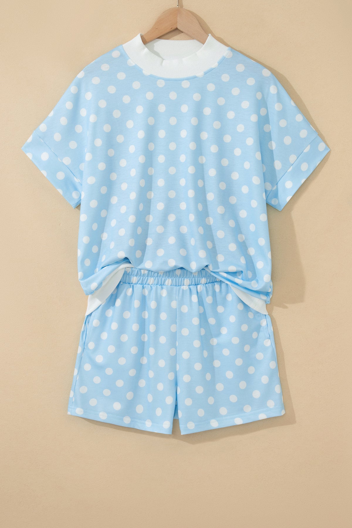 Sky Blue Polka Dot Print Color Block Trim Mock Neck Short Set