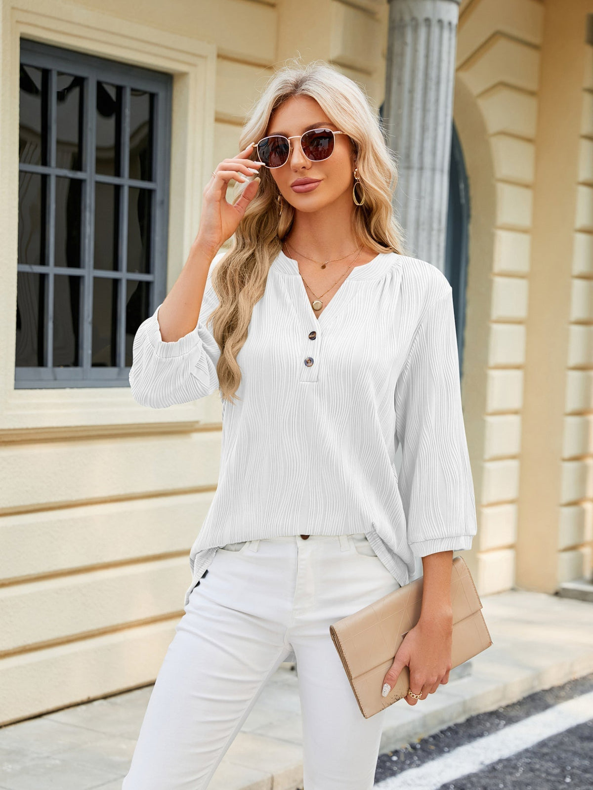 Loose Fit Work V Neck Buttons T-Shirts