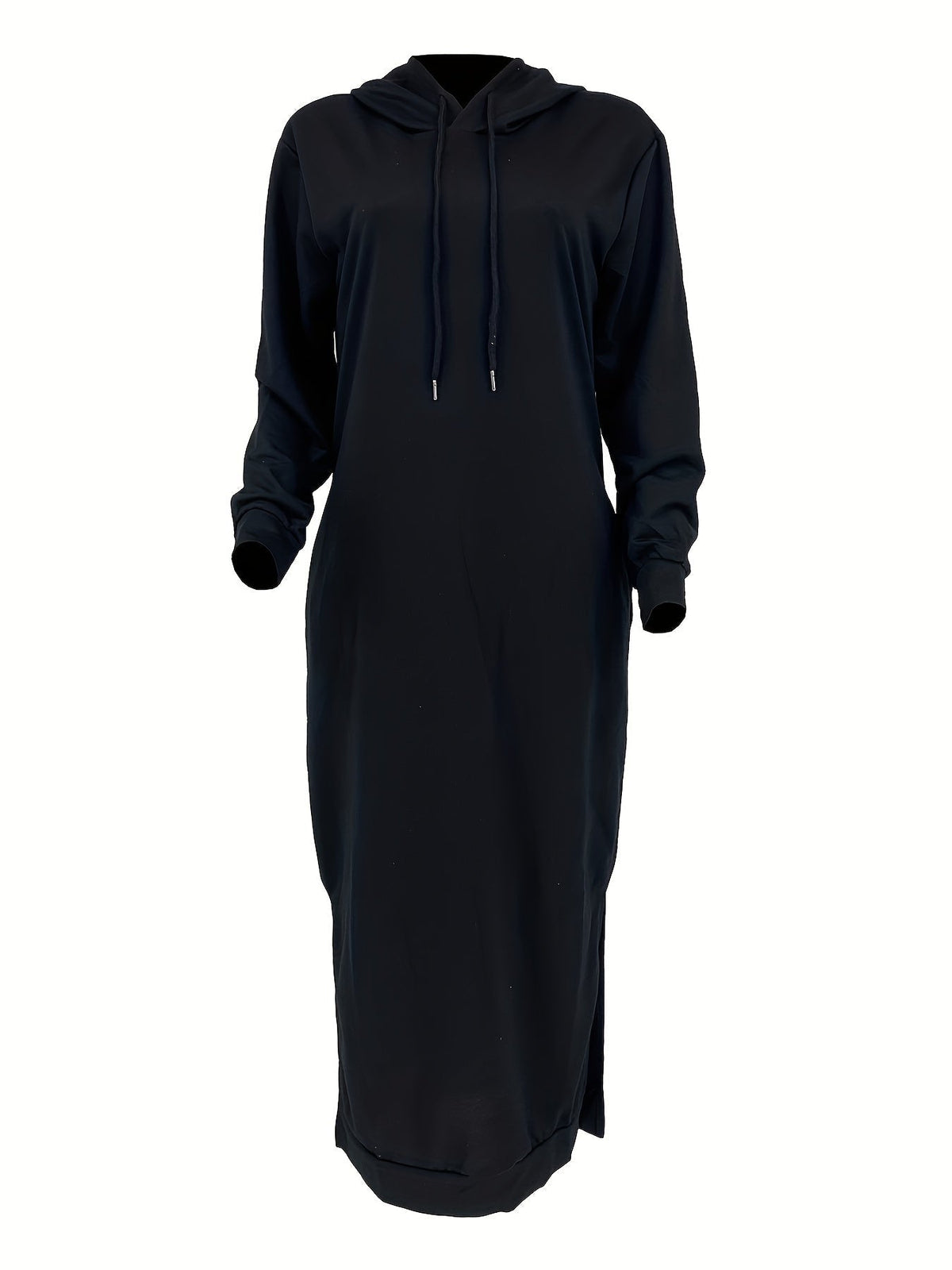 Drawstring Split Dress, Casual Hooded Long Sleeve Maxi Dress