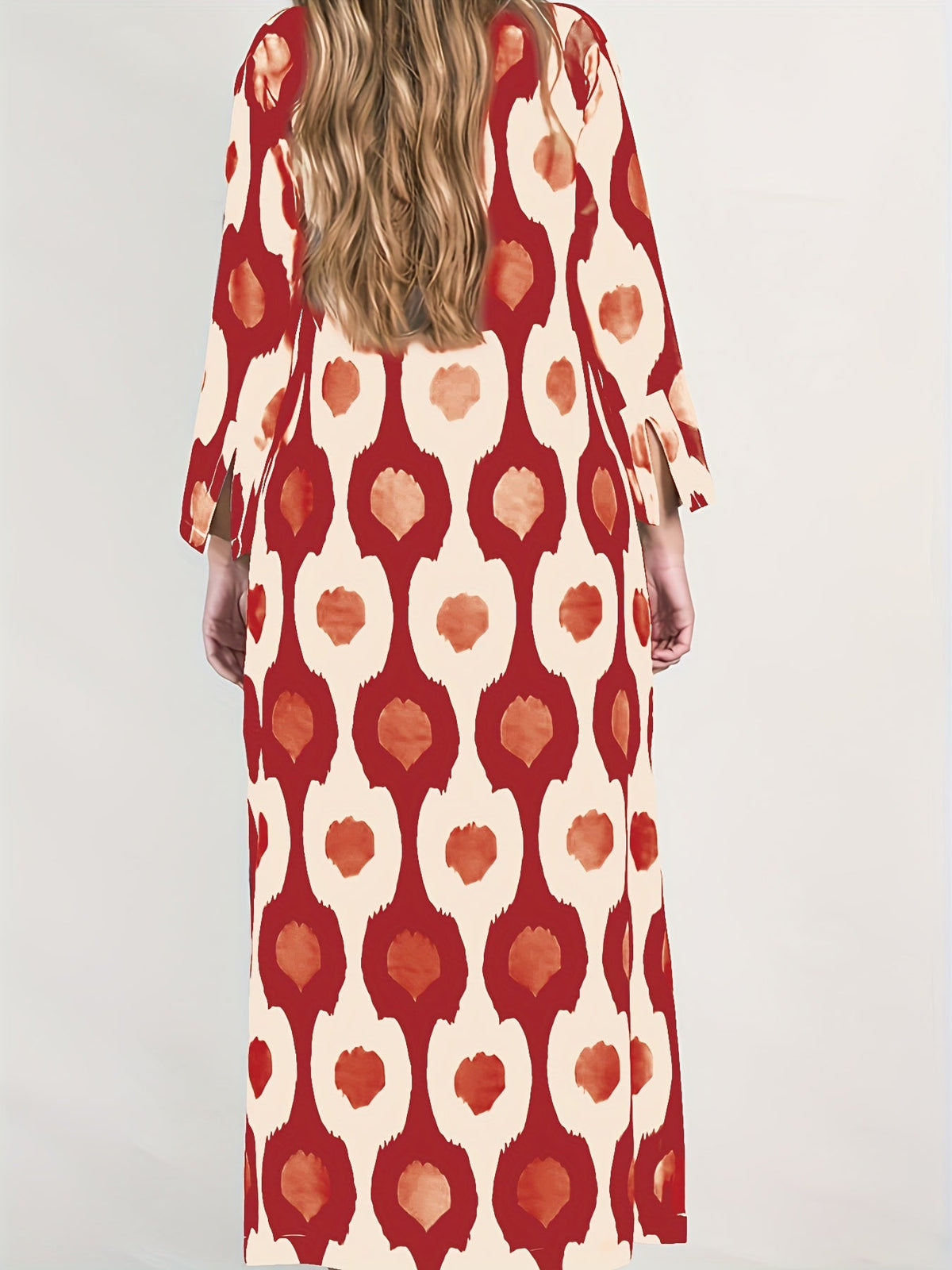 Graphic Print Split Dress, Vintage V Neck Long Sleeve Maxi Dress