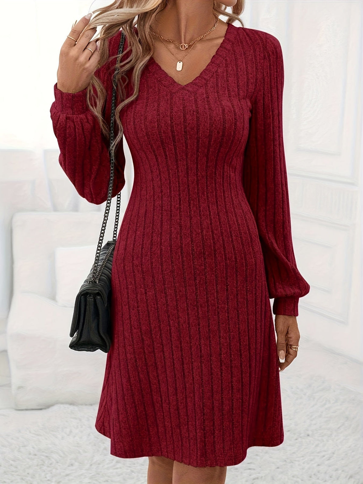Long Sleeve Ribbed Solid Color Elegant V-neck A-line Dress