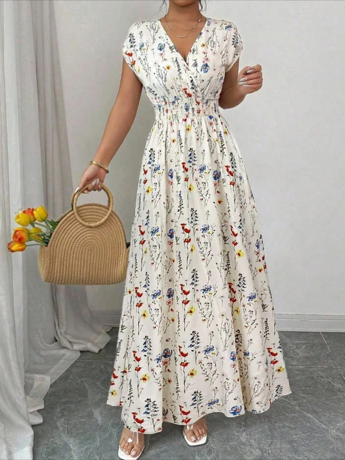 Floral Summer V Neck Short Sleeve A-Line Dress