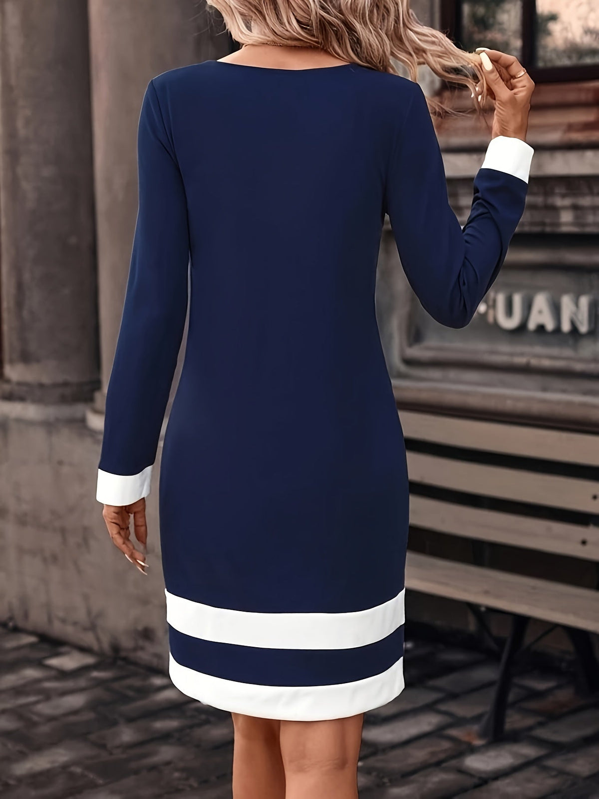 Color Block Crew Neck Midi Dress - Stylish & Versatile with Long Sleeves
