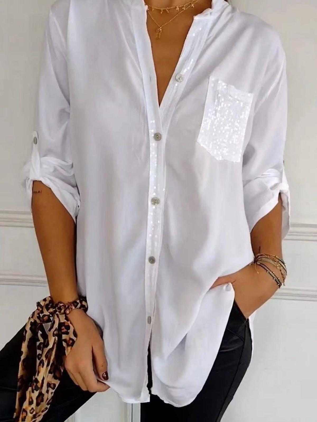 Solid Color Casual V-Neck Sequin Loose Fit Long Sleeve Blouse