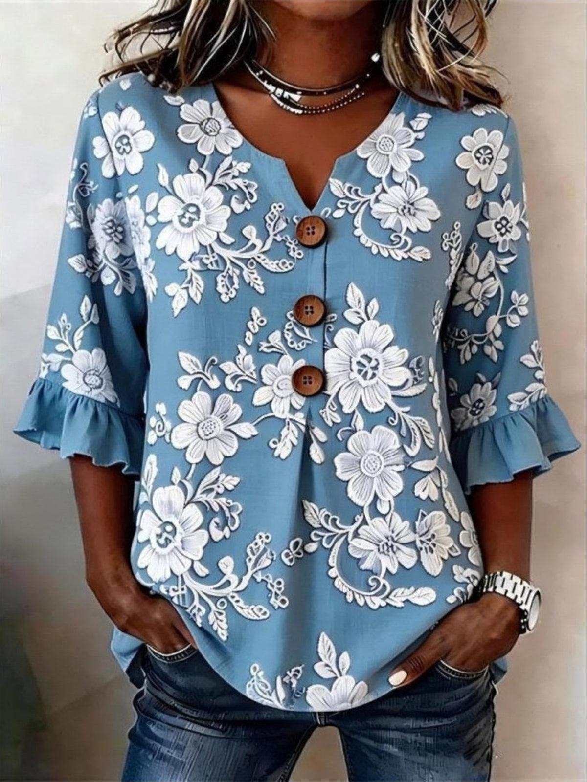 V Neck Button Short Ruffle Sleeve Casual Top